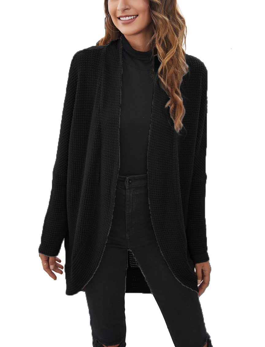 Ebossy Women's Oversized Kimono Cardigan - Soft Open Front Knit Sweater with Waffle Texture & Batwing Sleeves | Cozy Boyfriend Style Loungewear for Home, Office & Casual Outings