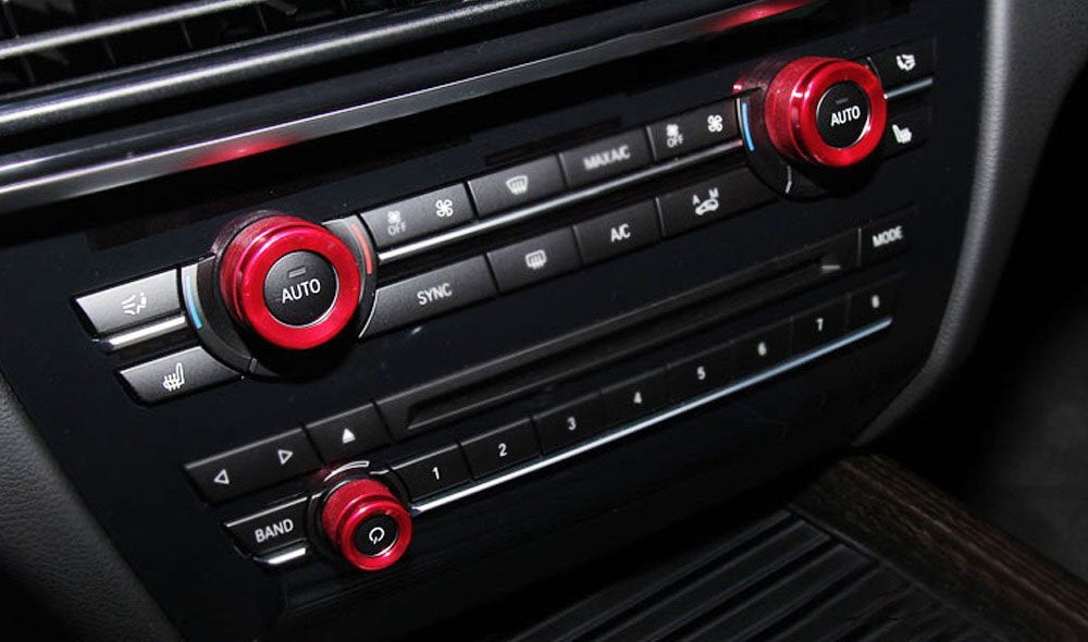 3-Piece Red AC Climate Control & Radio Volume Knob Ring Covers for BMW 5 6 7 Series - Interior Car Accessories Upgrade for Enhanced Grip & Style