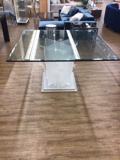 Modern Square Glass Top Acrylic Pedestal Dining Table - Elegant Contemporary Kitchen & Dining Room Furniture for Small Spaces, Dinner Parties & Family Gatherings
