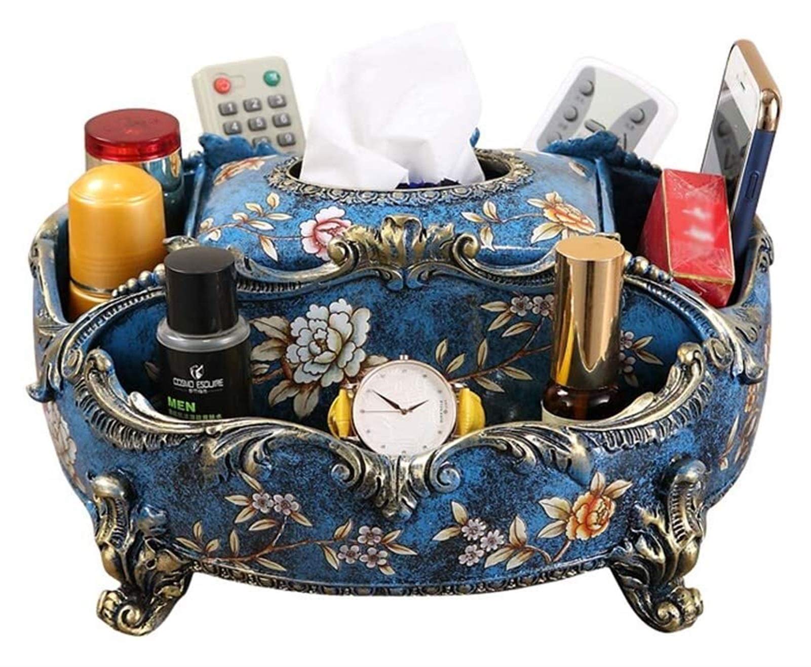 Vintage Resin Tissue Box Cover - Decorative Multi-Function Desktop Storage Organizer for Tissues, Cosmetics & Remote Control | European Style Napkin Holder (Blue) | Perfect for Living Room, Bedroom & Office Decor