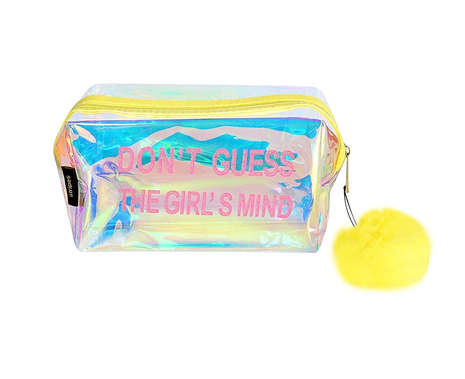 Vigyor Gold Waterproof Clear PVC Holographic Cosmetic Bag - Transparent Makeup Pouch for Women & Girls - Travel Toiletry Organizer with Yellow Pom Pom - Perfect for Travel, Gym, Beach & Daily Essentials Storage