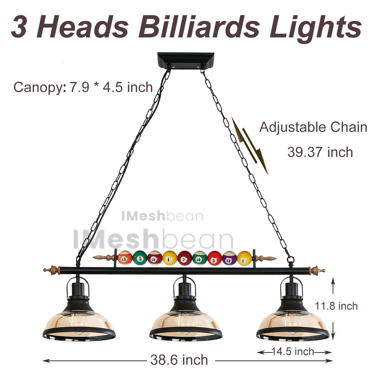 iMeshbean Pool Table Light - 7' to 8' Billiard Table Lighting Fixture with 3 Lamp Shades, Real Billiard Ball Design for Game Rooms, Bars & Cafes - Perfect for Kitchen Islands & Home Entertainment Spaces