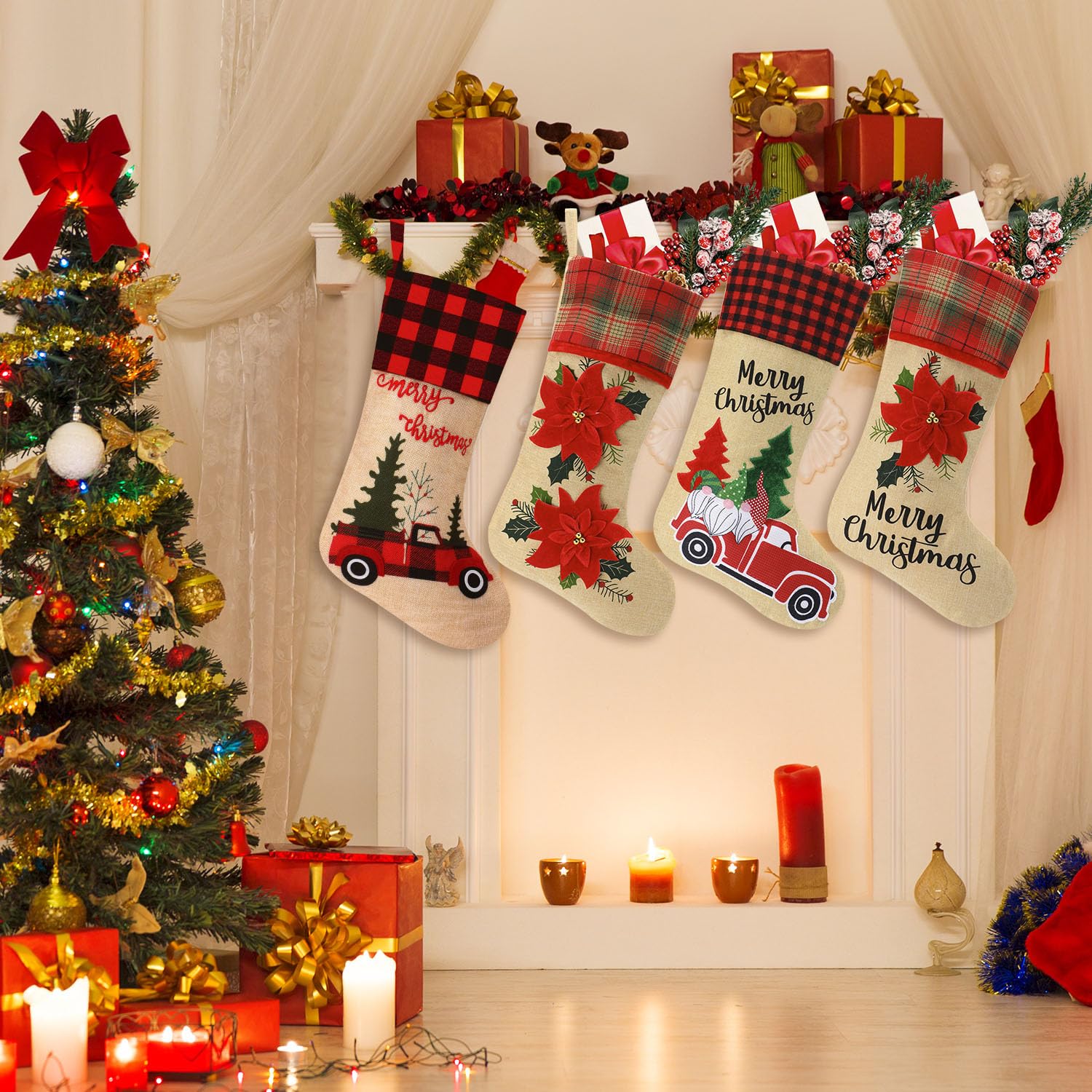 Skylety 4-Piece 18-Inch Plaid Burlap Christmas Stockings Set - Santa Claus & Holiday Flower Print Xmas Stockings for Fireplace Decor, Gift Exchange & Festive Home Decoration | Perfect for Christmas Tree, Mantel & Holiday Party Decorating