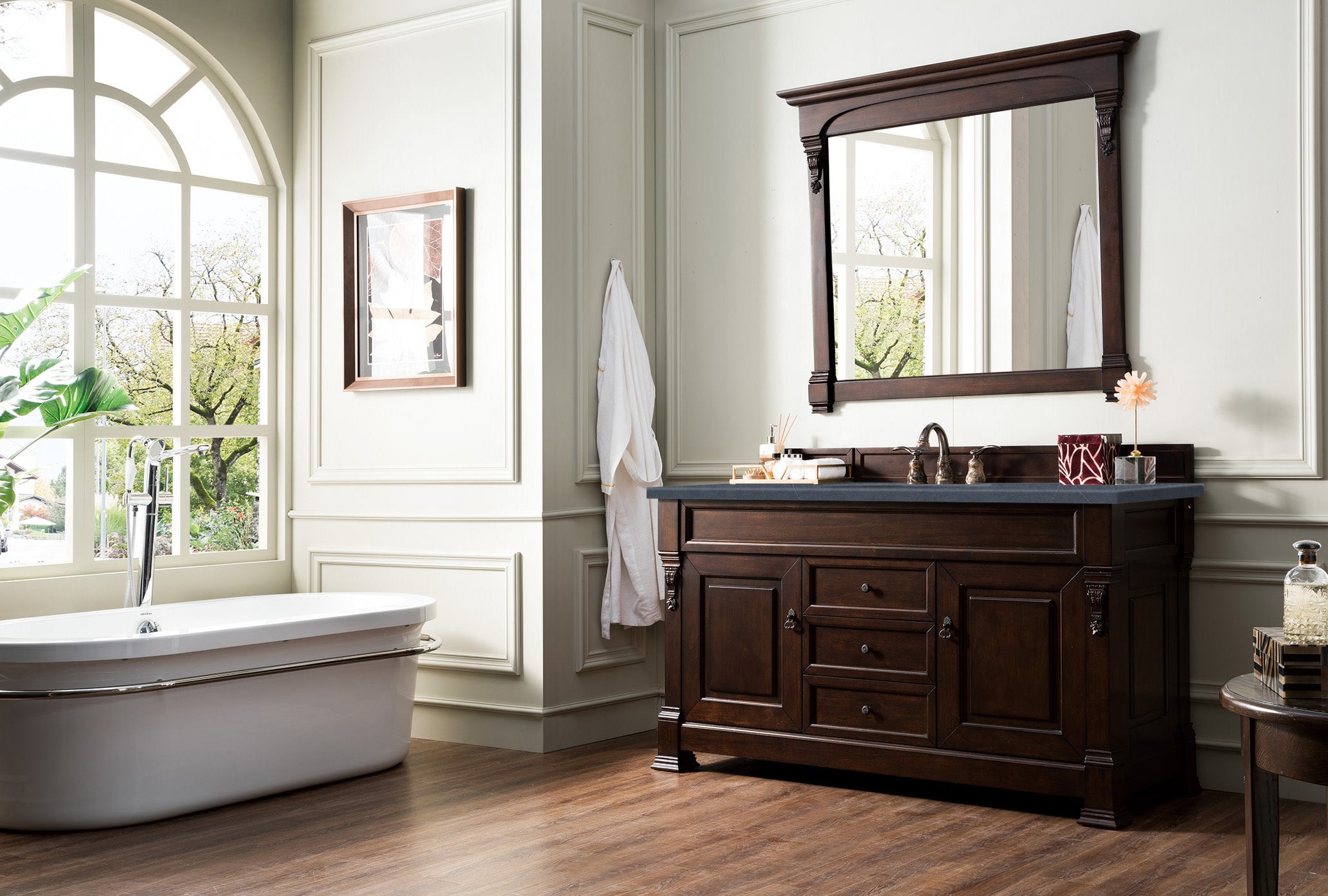 Brookfield 60-Inch Single Bathroom Vanity with Burnished Mahogany Base & 3CM Charcoal Soapstone Quartz Countertop - Perfect for Modern Master Bath or Powder Room Renovation