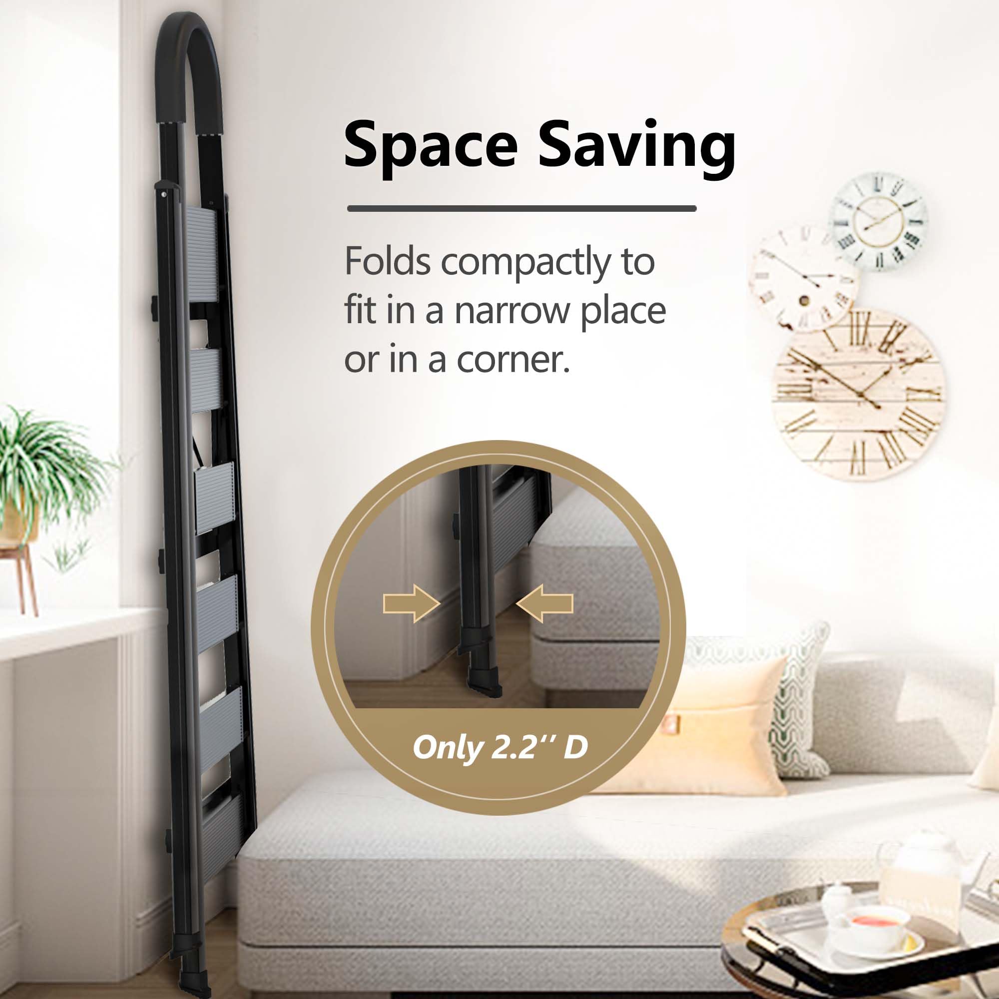 Lightweight Aluminum 6 Step Folding Ladder with Anti-Slip Wide Pedal - Space Saving Step Stool for Home, Kitchen, Garage & Office Use (Black)