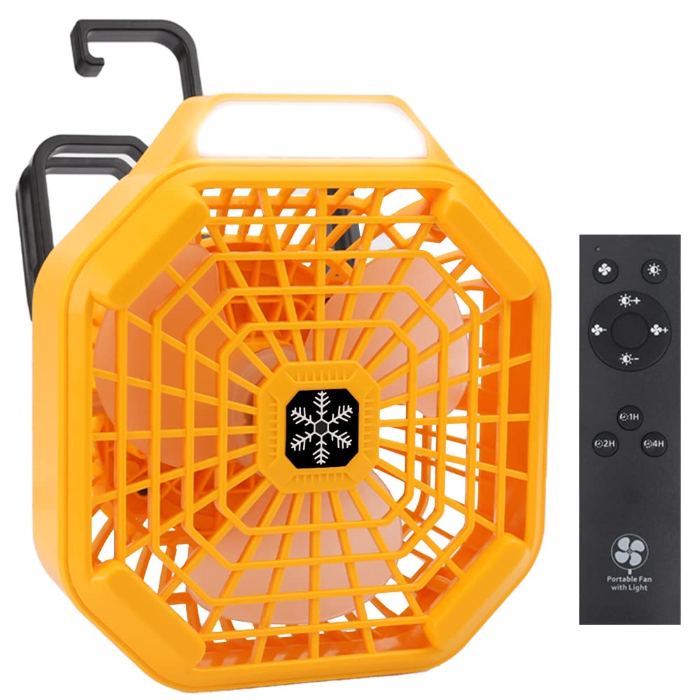 DTEZTECH 20V Li-ion Battery Portable Fan with LED Work Light - 3-Speed Adjustable Handheld Fan for Camping, Travel & Outdoor Activities | Remote Control, Hook Included | Perfect for Tents, Worksites & Summer Adventures