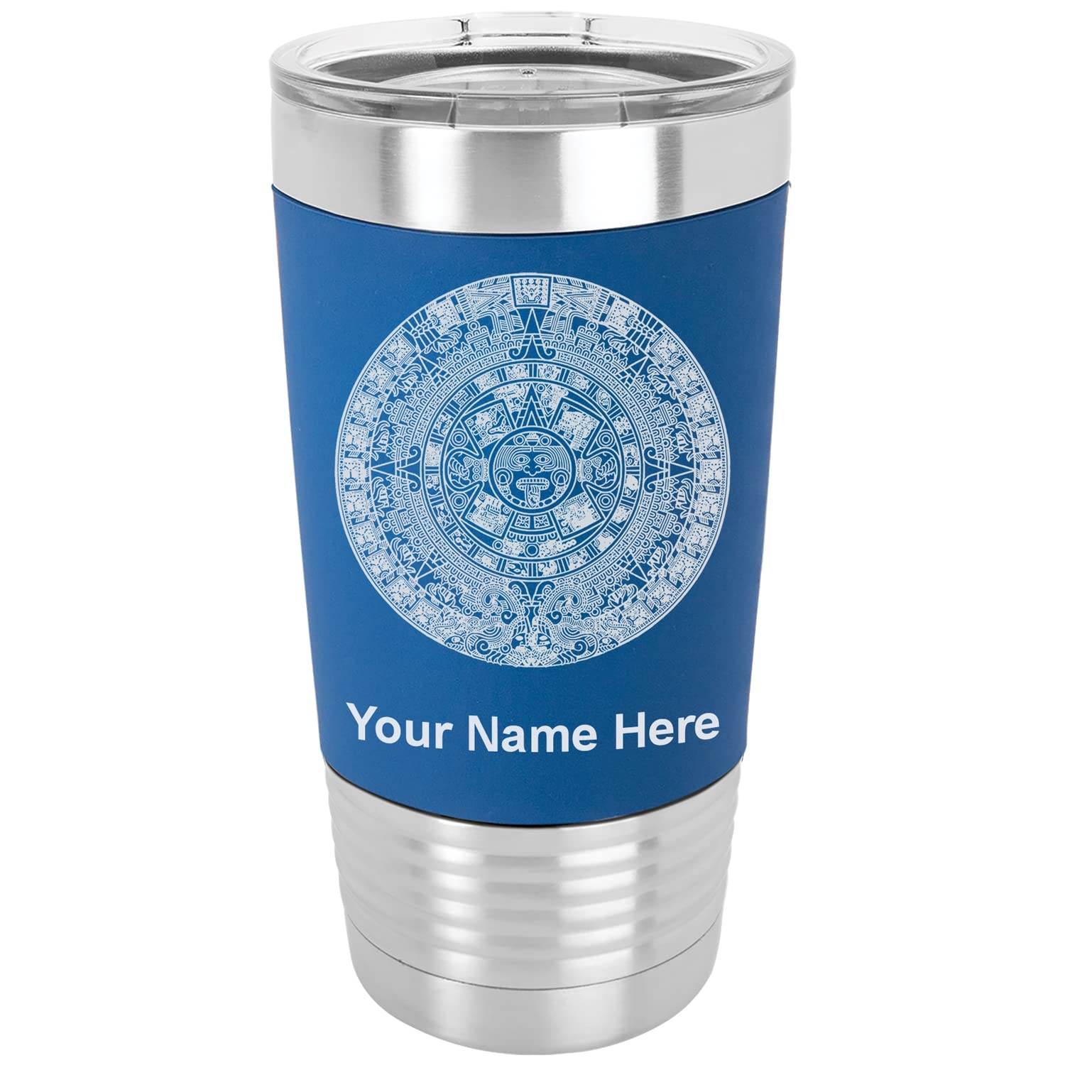 20oz Vacuum Insulated Stainless Steel Tumbler Mug with Aztec Calendar Design - Personalized Engraving, Leakproof Silicone Grip, Dark Blue - Perfect for Coffee, Tea & Cold Drinks at Home, Office or Travel