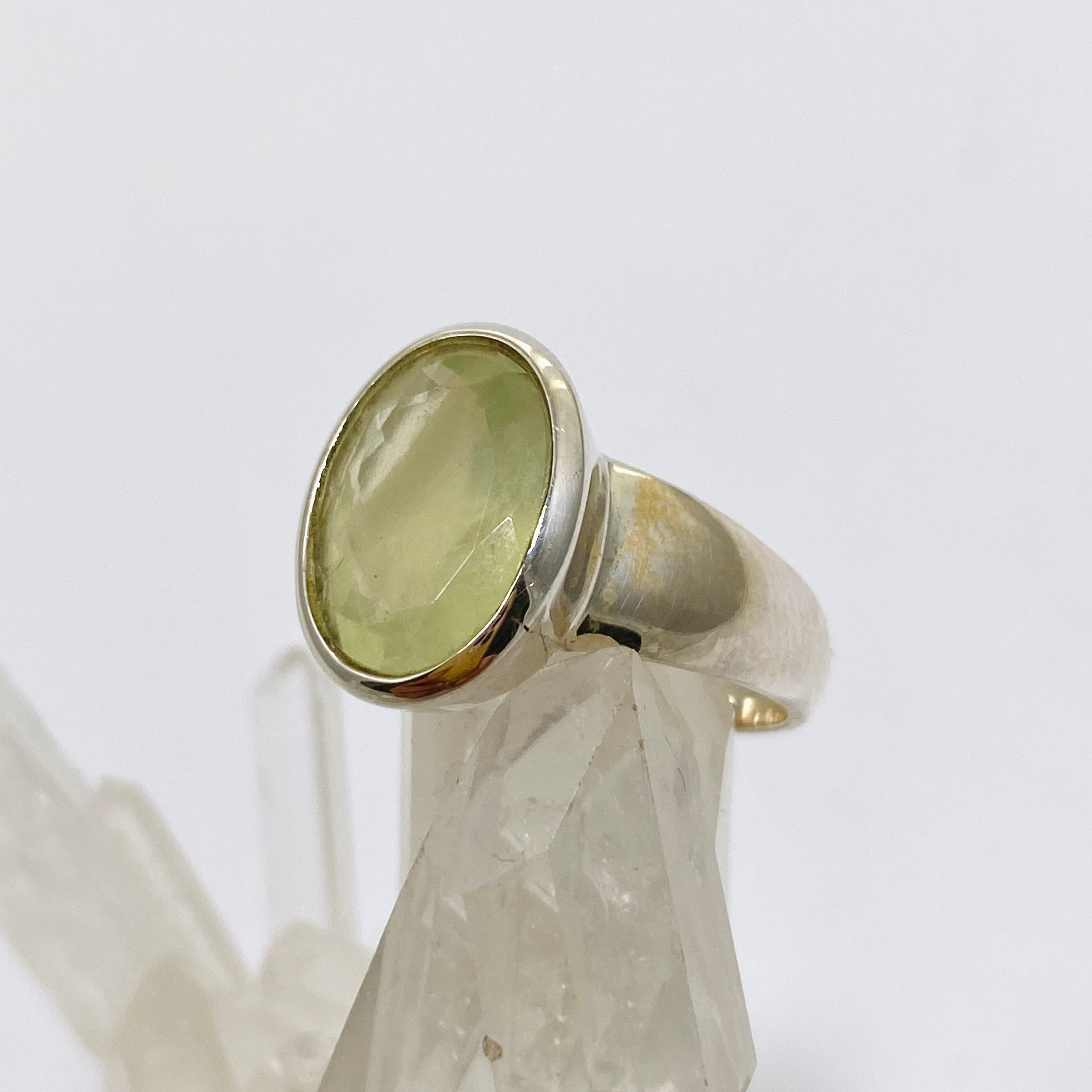 Prehnite Oval Faceted Ring Size 6.5 - Dainty Green Gemstone Jewelry for Women, Handmade Sterling Silver Engagement Ring - Perfect for Weddings, Anniversaries & Special Occasions