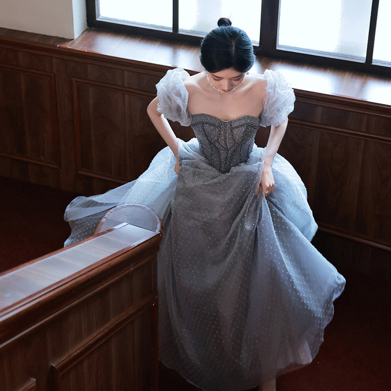 Elegant Blue Tulle Long Prom Dress with Lace-Up Back & Removable Sleeves - Perfect for Evening Gala, Formal Dances & Special Occasions