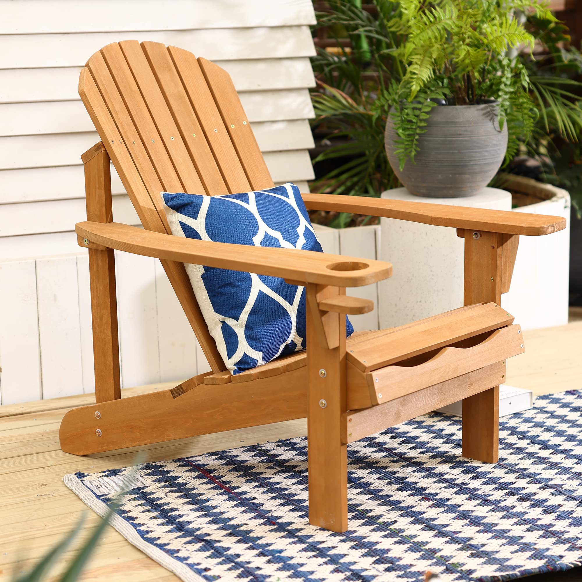LuxenHome Folding Adirondack Chair - Sturdy Fir Wood Outdoor Lounge Chair with Cup Holder for Patio, Poolside, Garden & Backyard - Comfortable Oversized Fire Pit Seating for Relaxing & Lounging