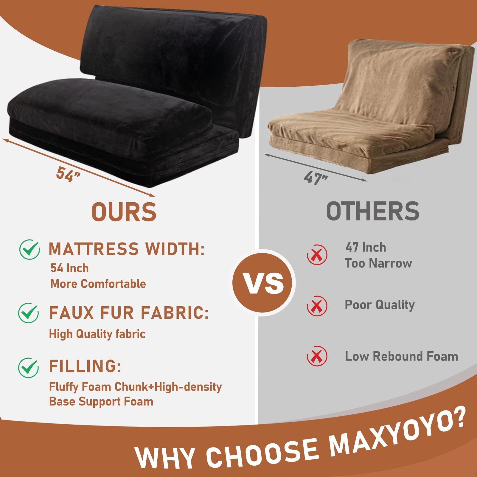MAXYOYO Extra Thick Faux Fur Bean Bag Bed - Foldable Floor Sofa & Full Size Mattress for Adults (54x95 Inch, Black) | Washable Cover | Perfect for Living Room Lounging, Guest Bed & Dorm Room Comfort