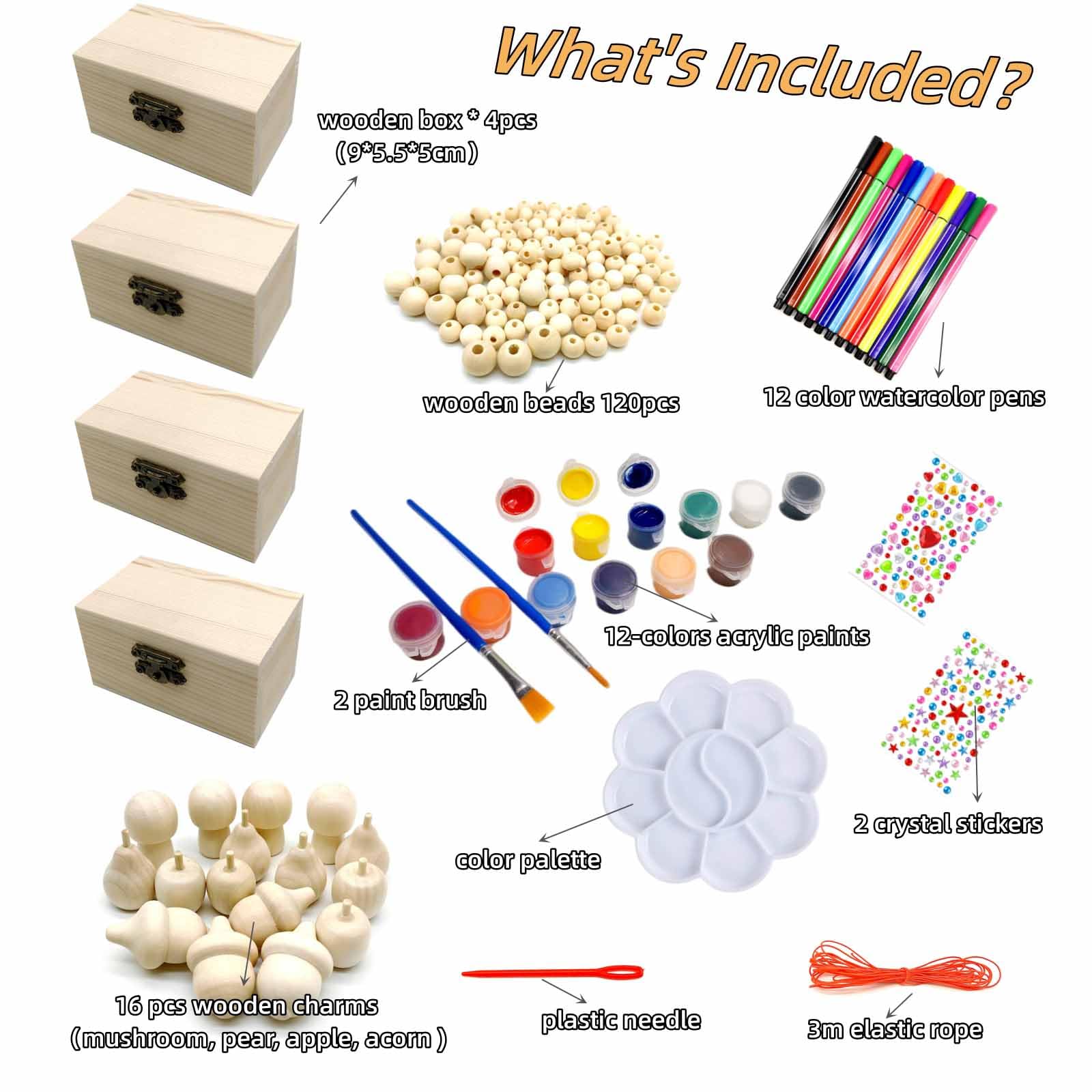 DEUXPER 2-in-1 Kids Art & Craft Toy Set - 4 Wooden Jewelry Boxes & 136 Charms Beads for DIY Bracelet Making, Painting & Creative Play | Perfect Easter Gift & Birthday Present for Girls Ages 6-10 | Great for Arts & Crafts, Party Favors & Creative Development