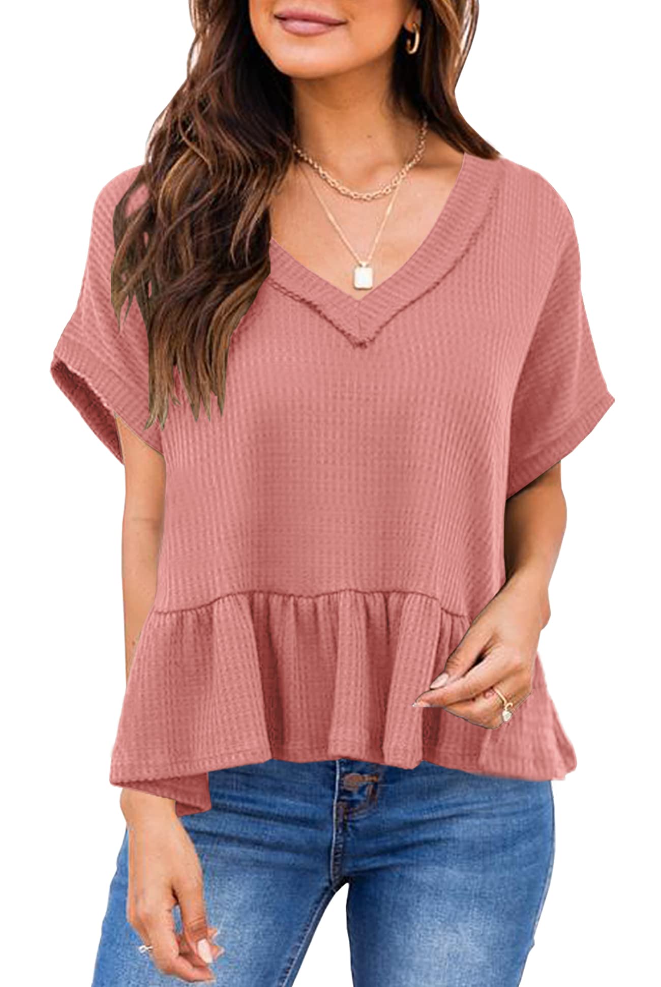 BNOOUIL Women's V Neck Short Sleeve Maternity T-Shirt - Flowy Peplum Babydoll Top for Casual Summer Wear - Perfect for Pregnancy, Office, and Weekend Outings