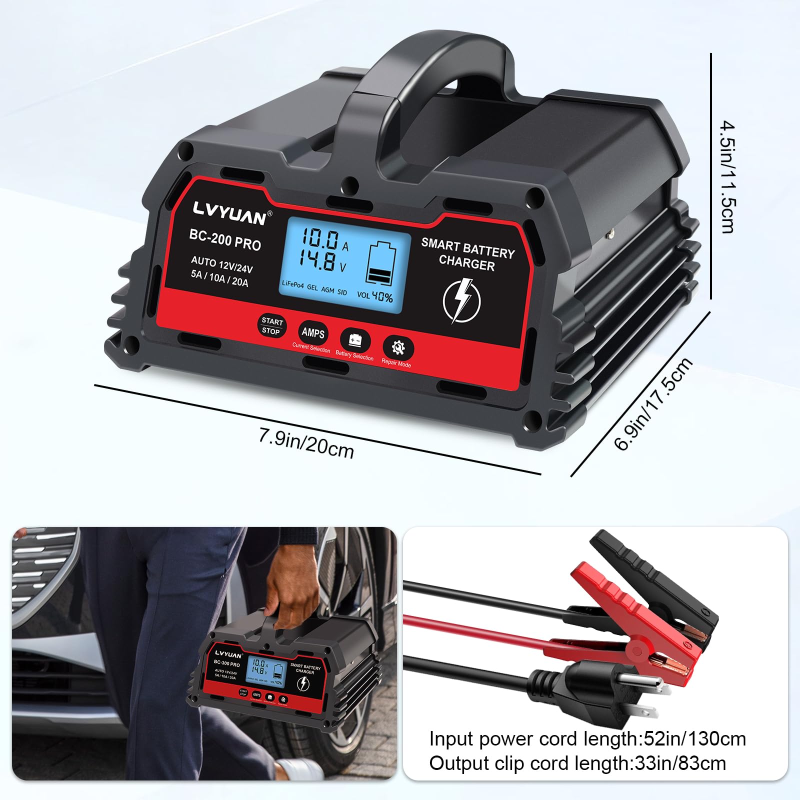 LVYUAN 12V/24V Smart Car Battery Charger & Maintainer - 10A/20A Automotive Charger for Cars, Trucks, Motorcycles - Works with LiFePO4 Lithium & Lead Acid Batteries - Perfect for Winter Storage, RV Maintenance & Emergency Vehicle Jump Starts