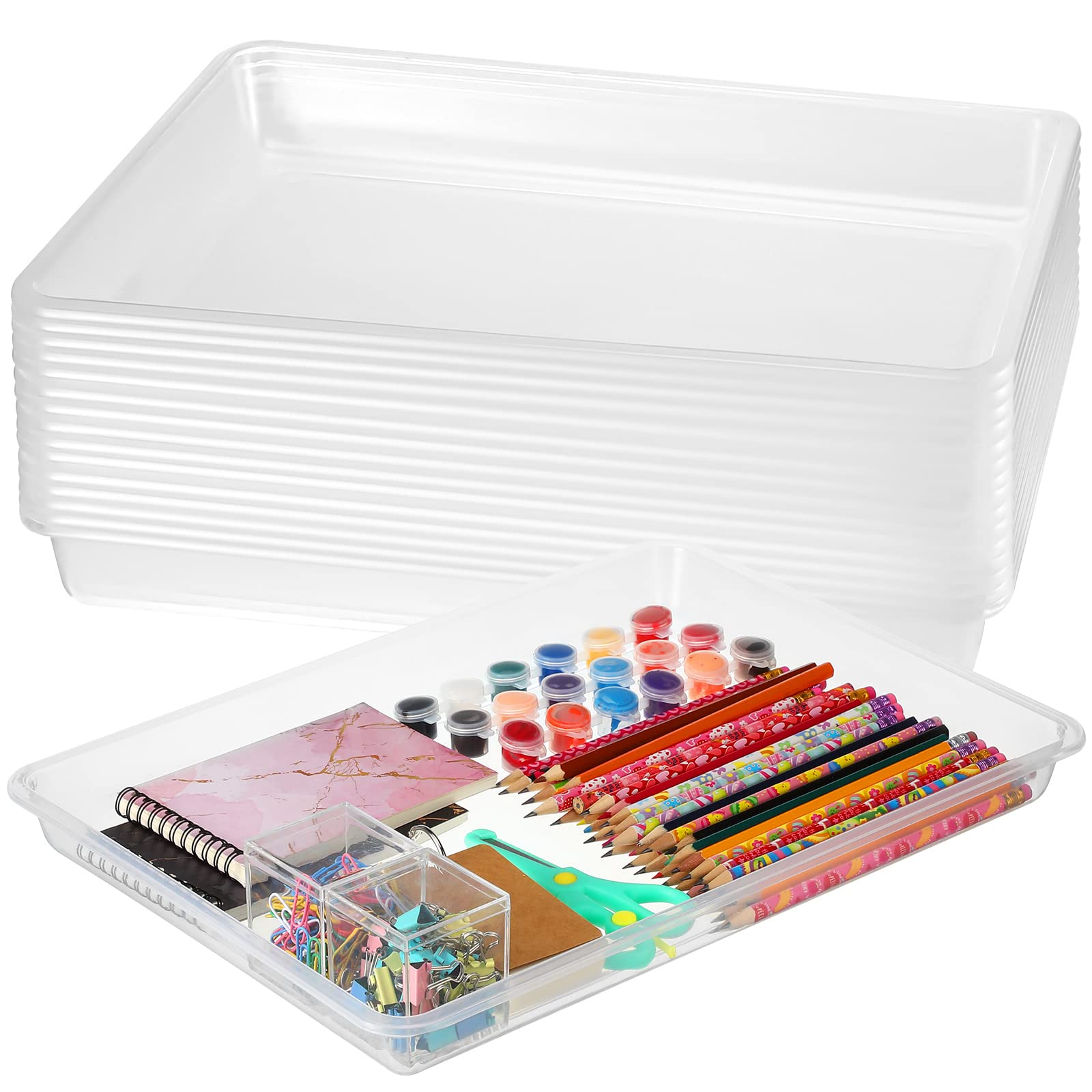 Maitys 15-Piece Clear Plastic Stackable Trays - 16.1 x 11.8 Inch Sensory Storage Bins for Classroom, Office & Home Organization - Perfect for Arts & Crafts Supplies, School Projects, and Kitchen Pantry Storage