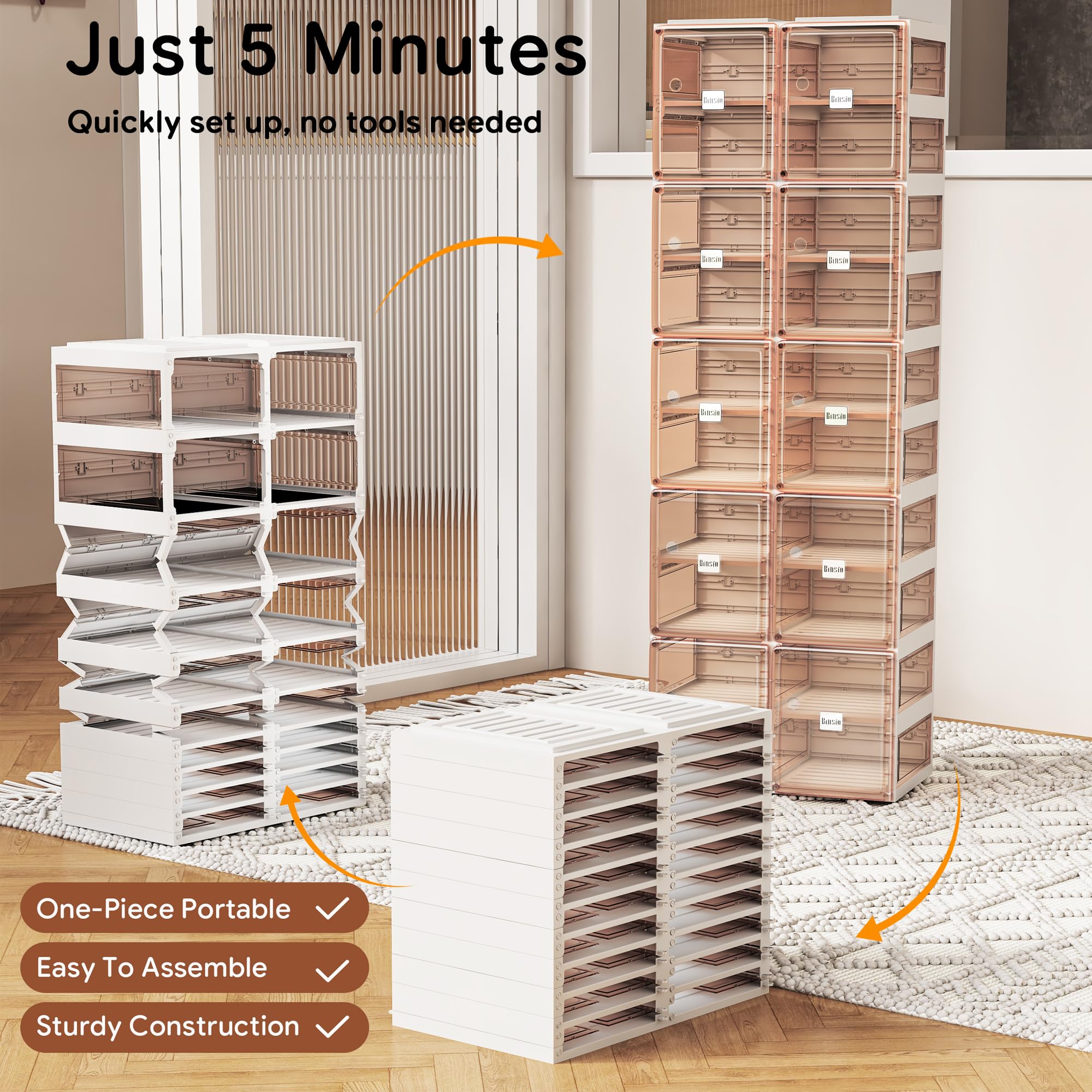 BINSIO 10-Tier Shoe Storage Cabinet with Clear Plastic Doors - Foldable, Portable Closet Organizer for Entryway, Bedroom & Closet - Easy Assembly Shoe Rack for Sneakers, Boots & Heels | Perfect for Small Spaces & Home Organization