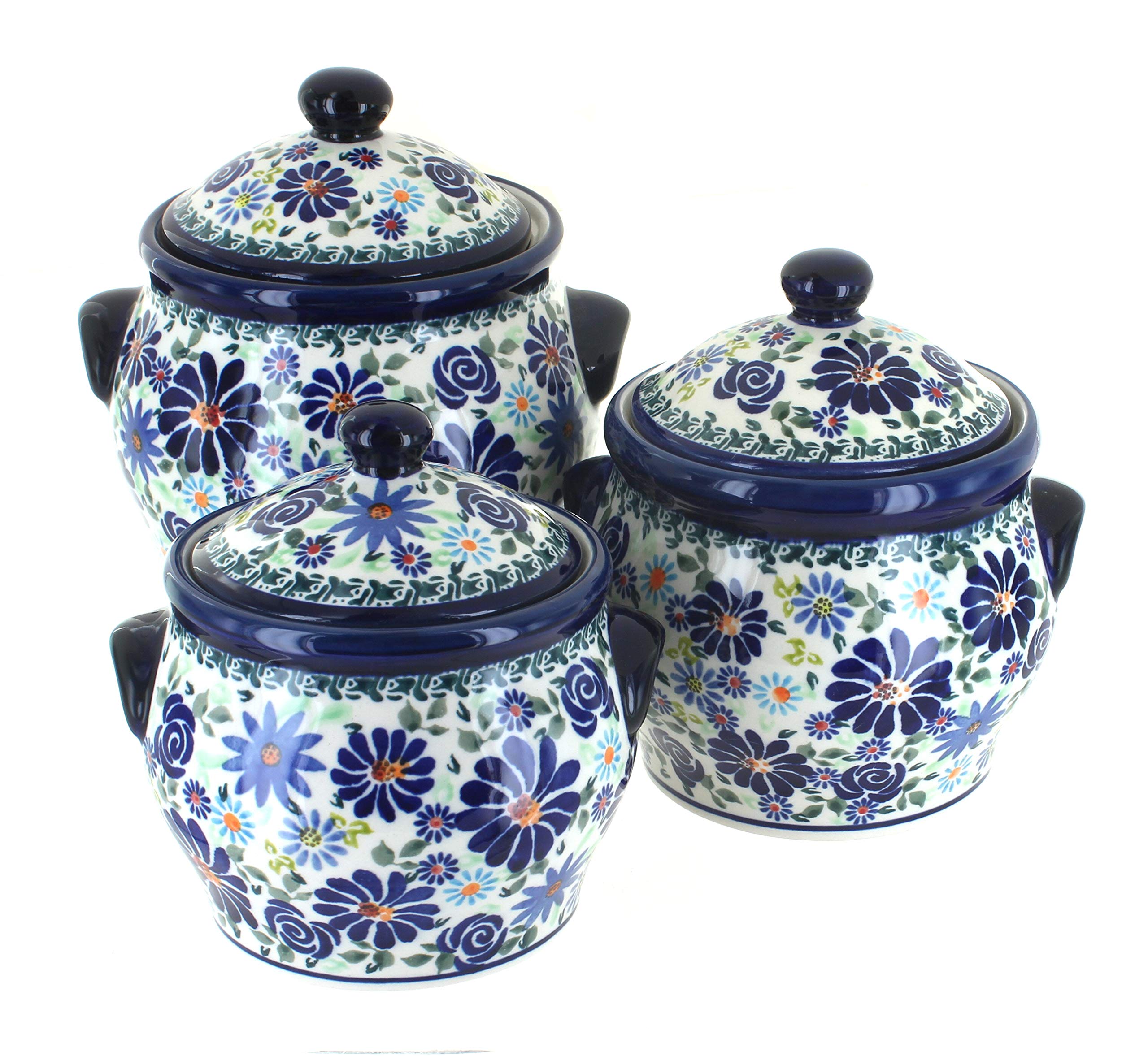 Blue Rose Polish Pottery Fantasy Canister Set - Hand-Painted Ceramic Storage Jars for Kitchen, Pantry & Home Decor - Perfect for Tea, Coffee, Sugar & Spices Organization