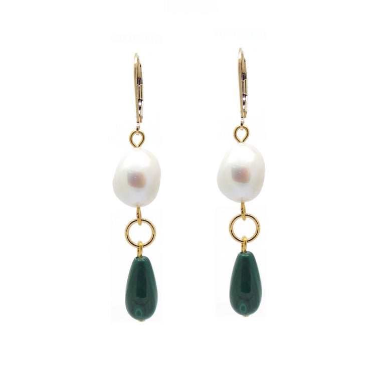 Penelope Malachite and Baroque Pearl Earrings - Handmade Dangle Earrings for Women, Green Gemstone Jewelry - Perfect for Weddings, Parties & Special Occasions
