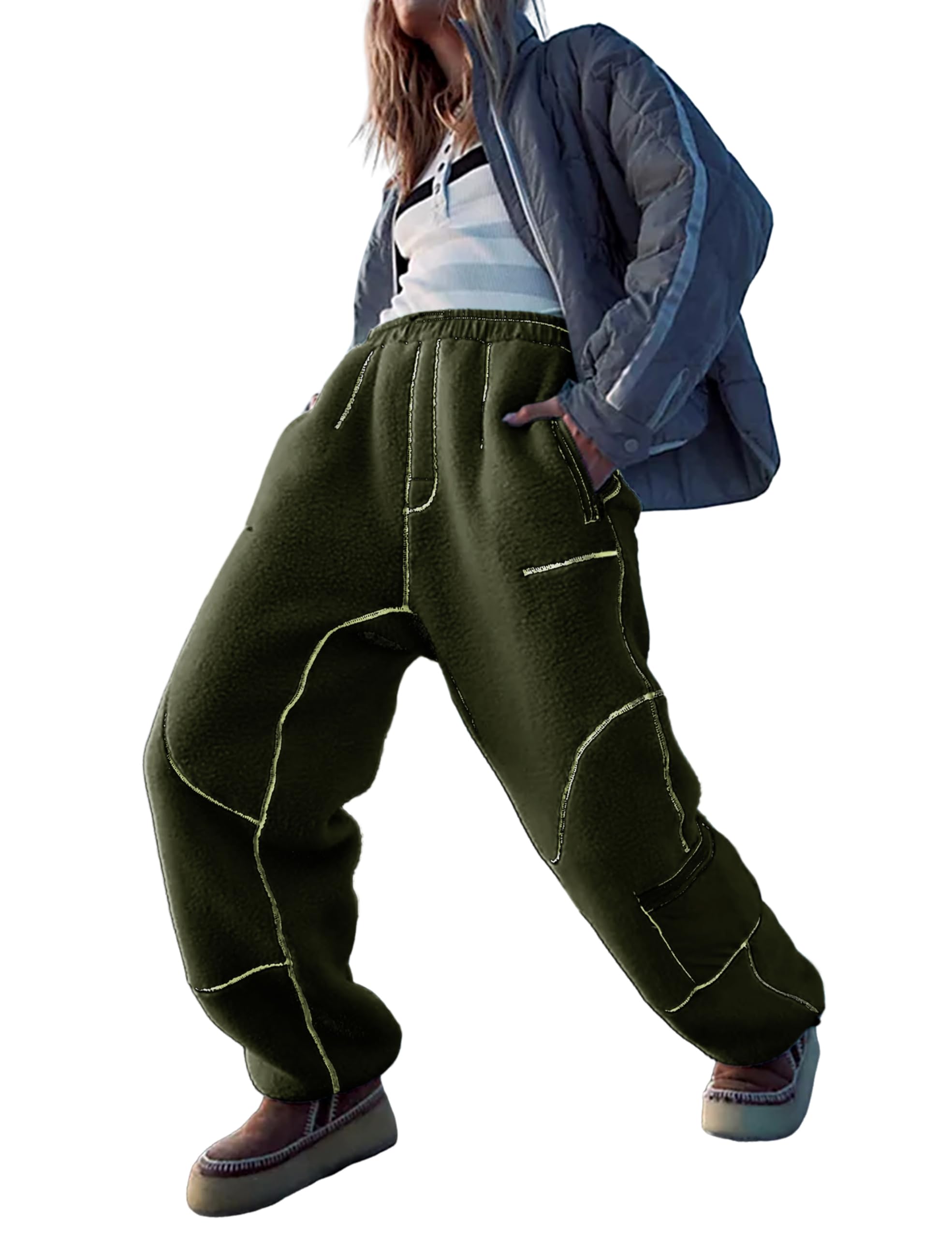 Omoone Women's 2024 Winter Fleece Sherpa Sweatpants - Warm Fuzzy Snow Ski Pants, Loose Fit Thermal Activewear with Pockets for Skiing, Snowboarding & Casual Winter Outfits