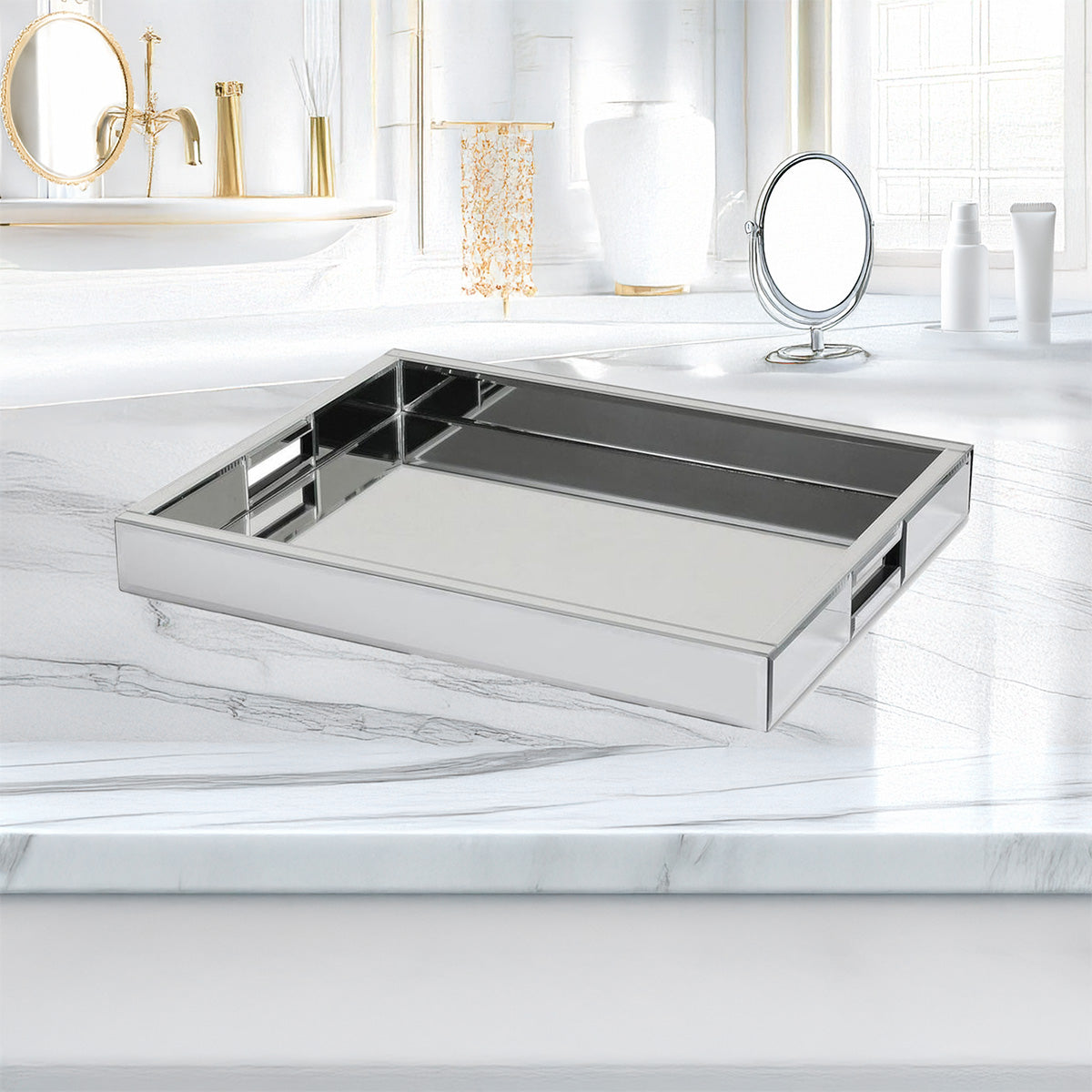 Elegant Rectangular Silver Vanity Tray - Perfect for Jewelry, Perfume & Makeup Organization - Stylish Bathroom & Dresser Decor