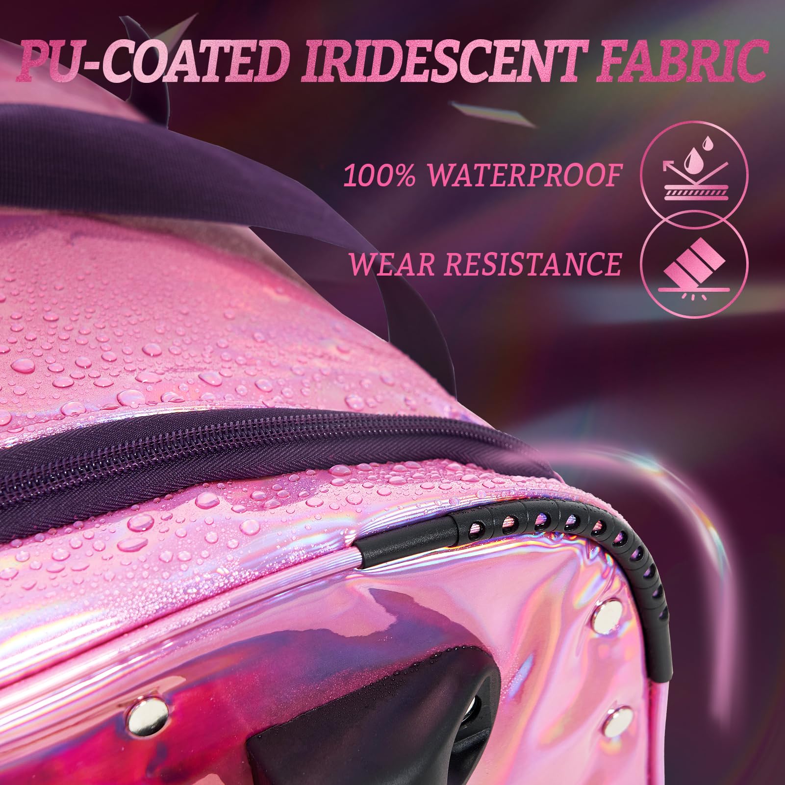 Fanwoli 23-Inch Prism-Glowing Waterproof Dance Duffle Bag with Garment Rack | Iridescent Competition Bag for Dancers, Cheerleaders & Kids | Laser Purple | Perfect for Dance Recitals, Gym Storage & Travel