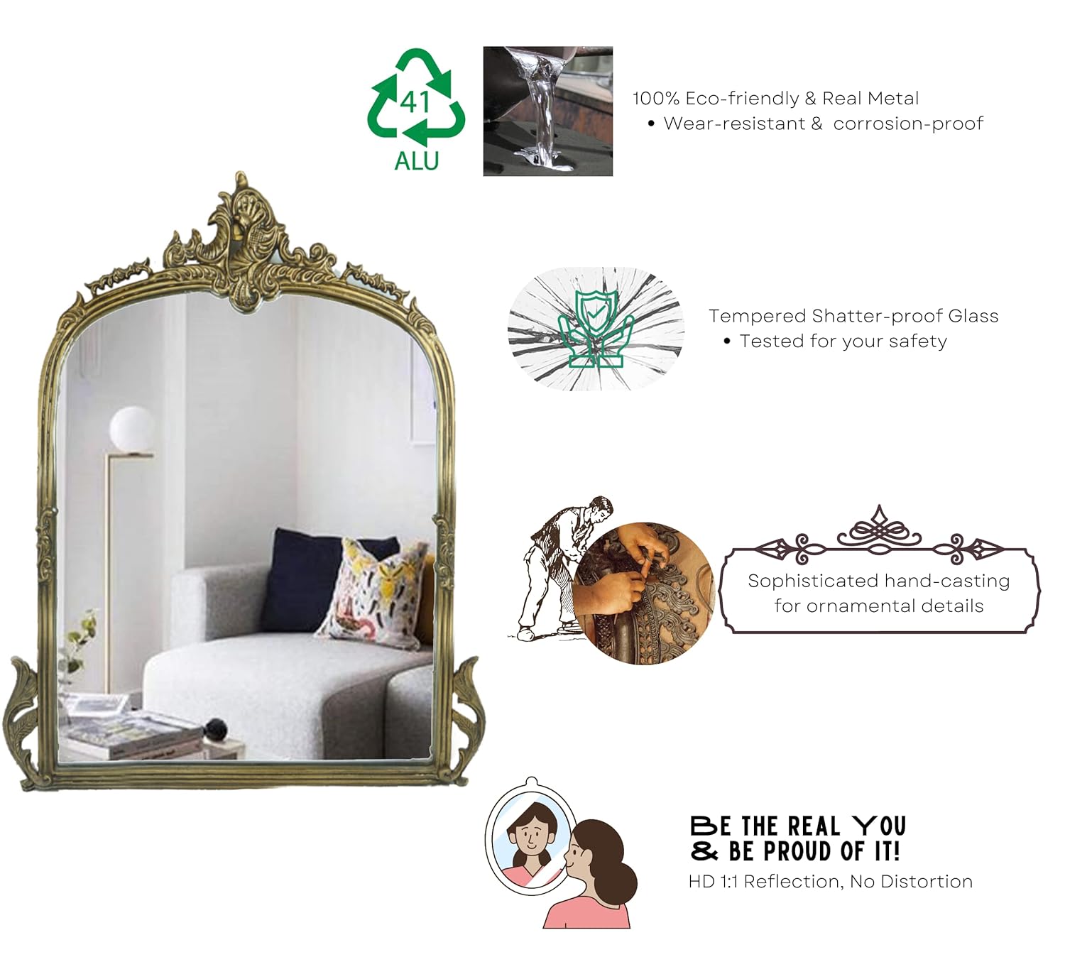 CORSICA Victorian Premium Metal Frame Arched Hand Casted Mirror Gold 90cm - Elegant Wall Decor for Living Room, Bedroom & Entryway - Antique Style Home Accent Piece
