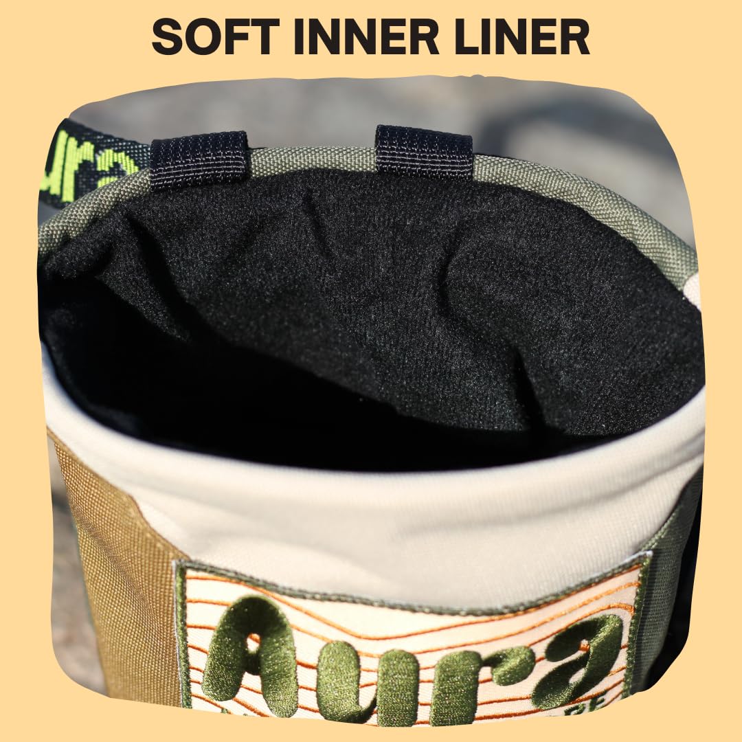 **Aura Premium Rock Climbing Chalk Bag - Adjustable Belt & Drawstring Closure - Ideal for Bouldering, Gym Weightlifting & Outdoor Adventures**    *(Use Case: Perfect for climbers, boulderers, and fitness enthusiasts to keep hands dry and improve grip during workouts or outdoor adventures.)*