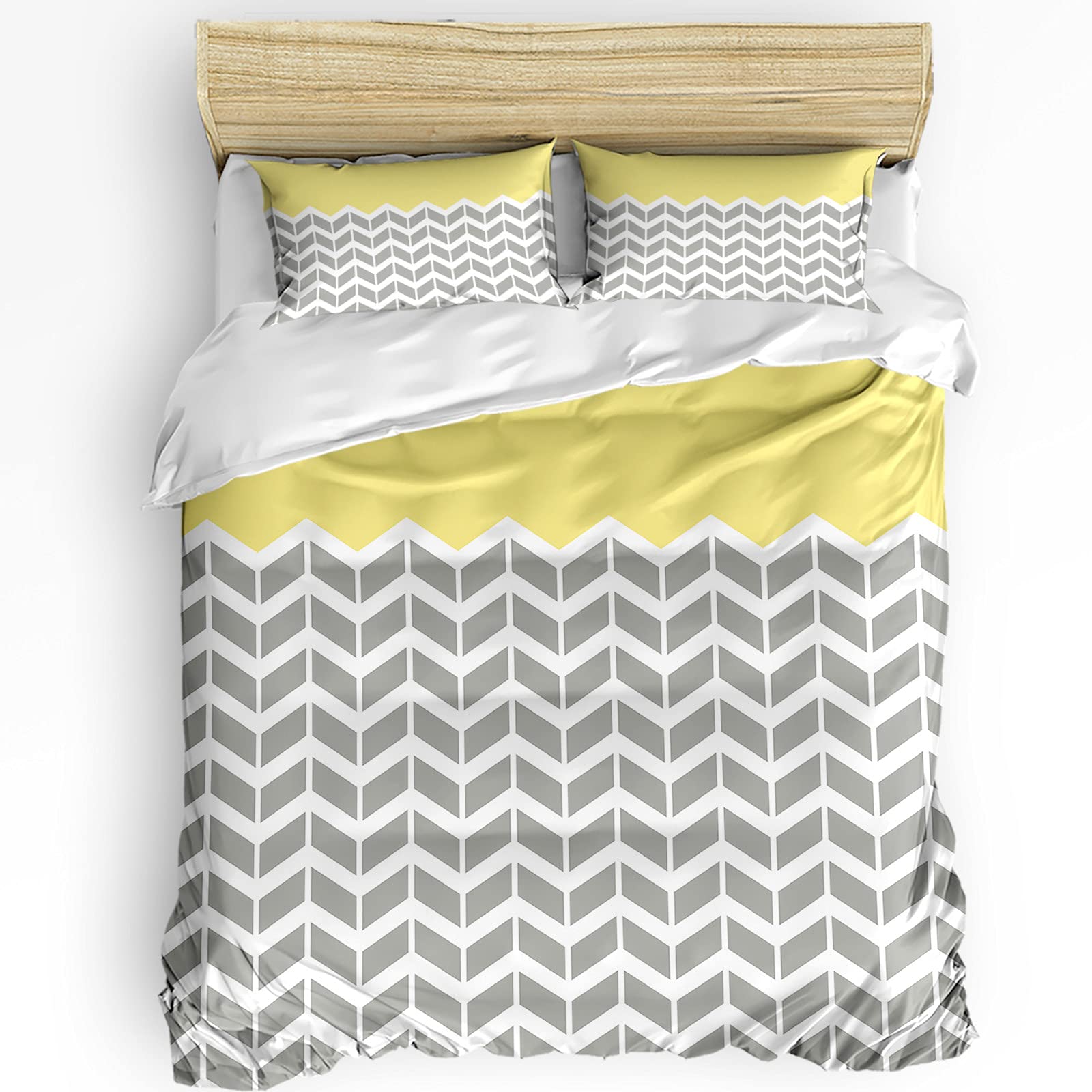 3-Piece Mid-Century Modern Geometric Duvet Cover Set - Yellow & Gray Pattern, Soft & Breathable Bedding for Kids & Adults, Includes Comforter Cover & 2 Pillow Shams - Perfect for Modern Bedrooms, Guest Rooms & Dorm Decor