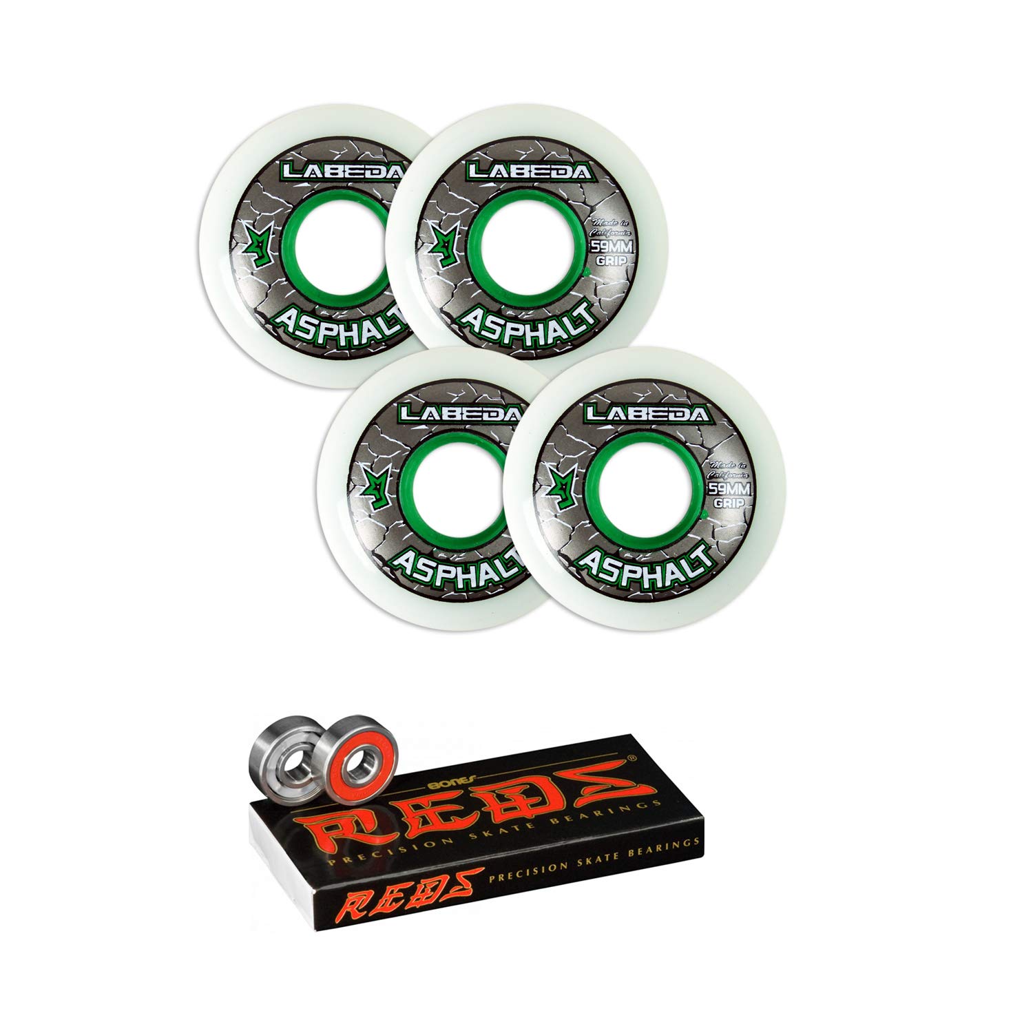 Labeda Asphalt Inline Roller Hockey Wheels 59mm White 83A 4-Pack with Bones Reds Bearings - High-Performance Wheels for Outdoor Hockey, Skating Rinks & Street Hockey Games