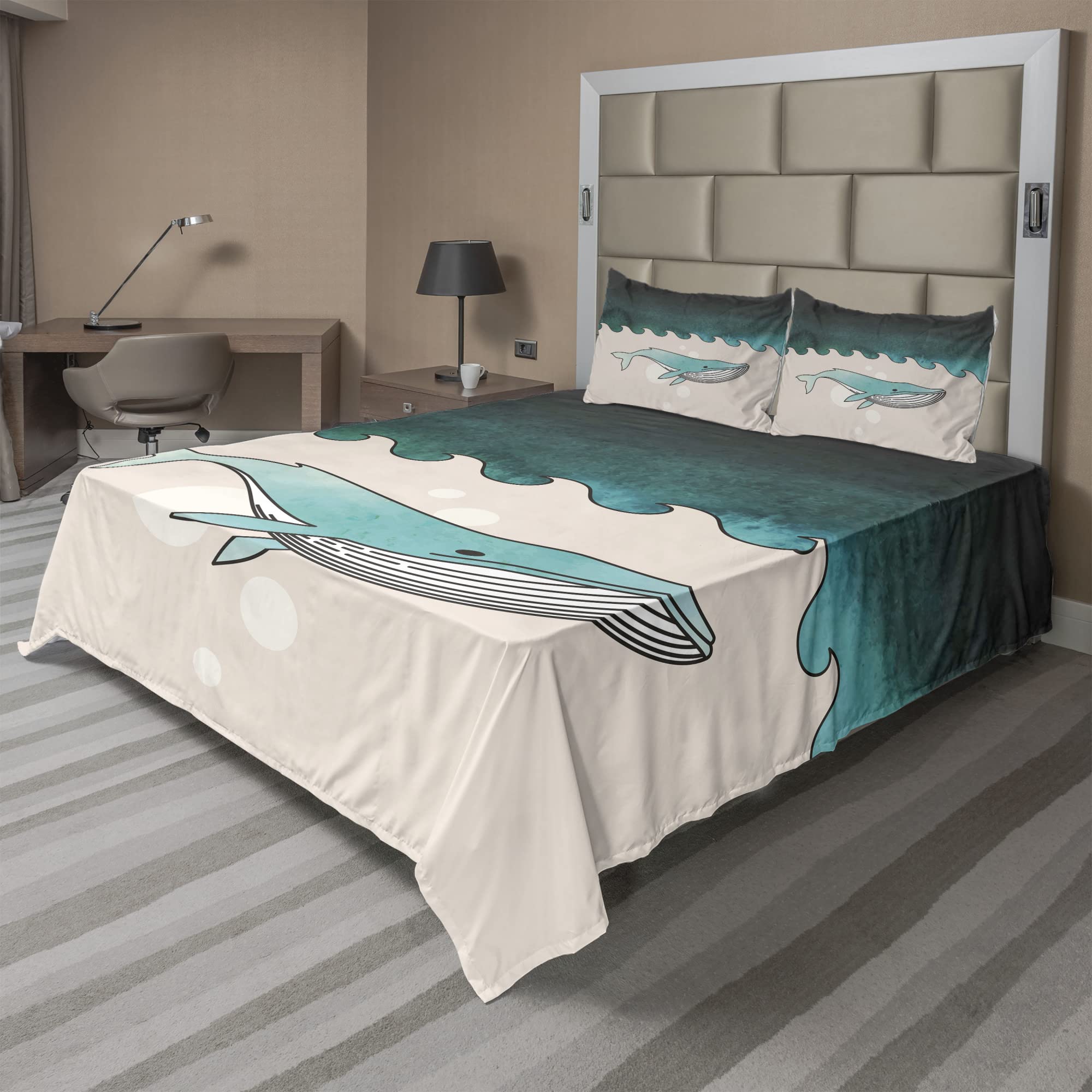 Ambesonne Whale King Size 4-Piece Sheet Set - Ocean Underwater Fish Swimming Pattern, Fitted & Flat Sheets with Pillowcases, Petrol Blue Turquoise Bedding - Perfect for Coastal Themed Bedrooms & Beach House Decor