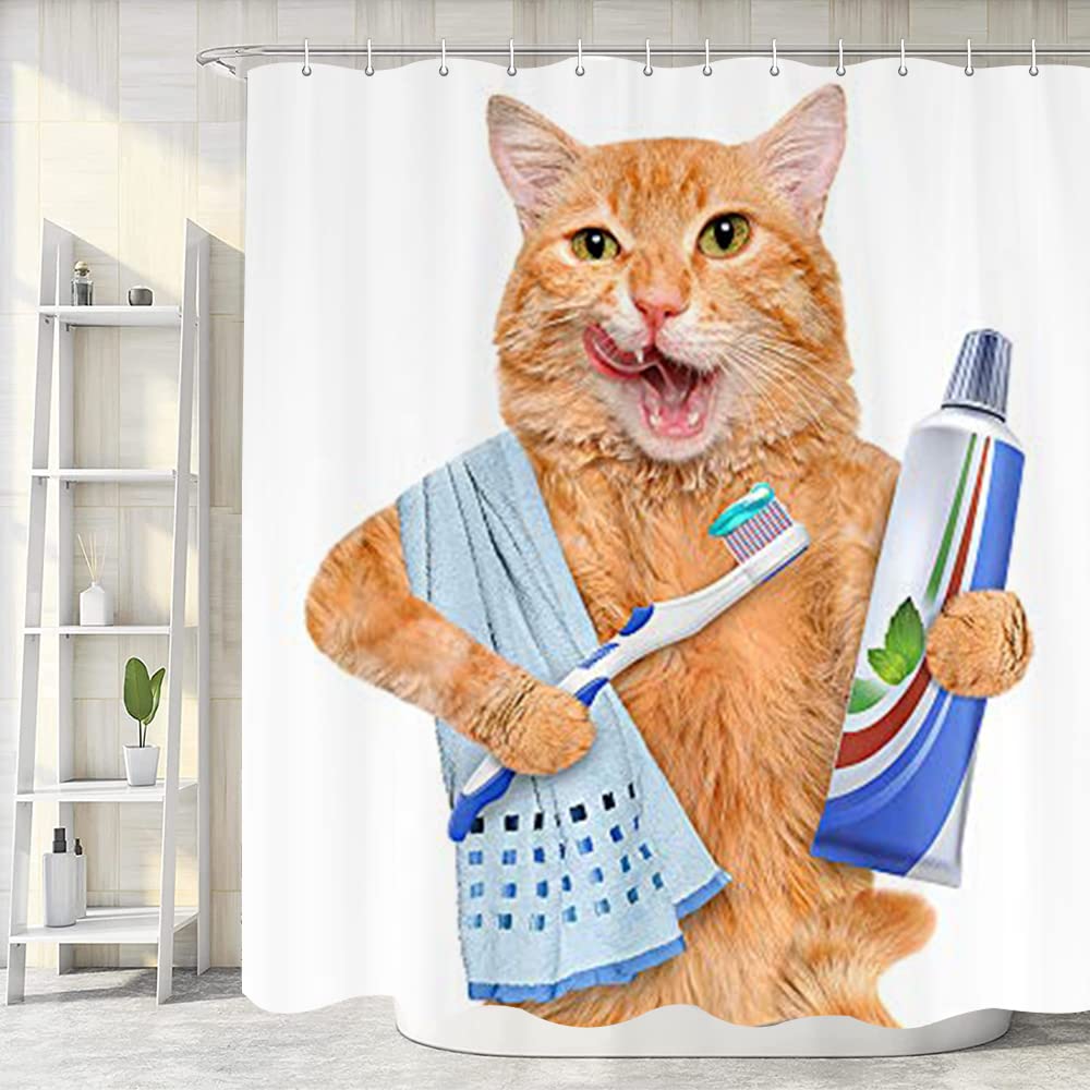 Funny Cat with Toothpaste on Toothbrush Shower Curtain - 69x75 Inches Polyester Bathroom Decor for Kids & Teens - Waterproof, Hooks Included - Perfect for Bathroom, Dorm, or Kids' Room Decor