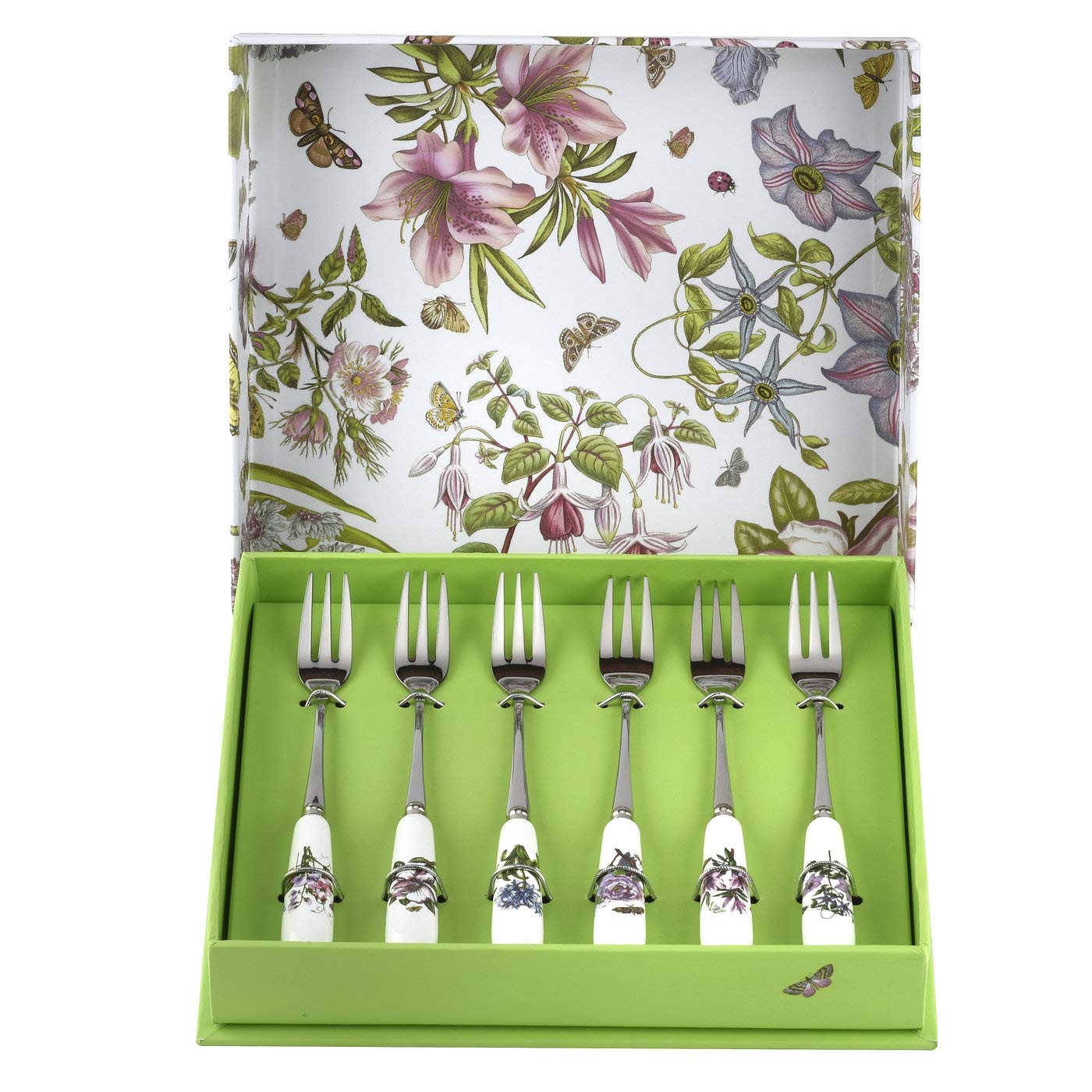 Portmeirion Botanic Garden 6-Inch Stainless Steel Pastry Forks with Porcelain Handles - Set of 6 Floral Design Dessert Forks for Cakes, Pies, and Afternoon Tea Parties