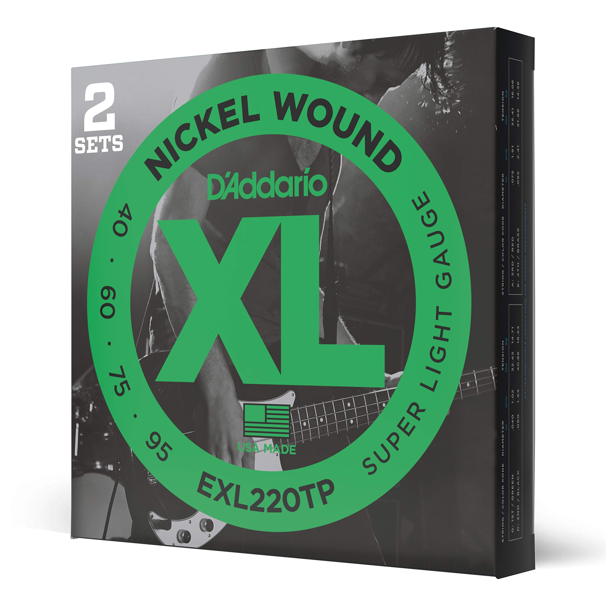 D'Addario EXL220TP XL Nickel Bass Guitar Strings - 4 String Super Light 40-95 Gauge, Long Scale, 2-Pack | Perfect Intonation, Consistent Feel & Powerful Durability | Ideal for Rock, Jazz & Studio Recording Bass Players