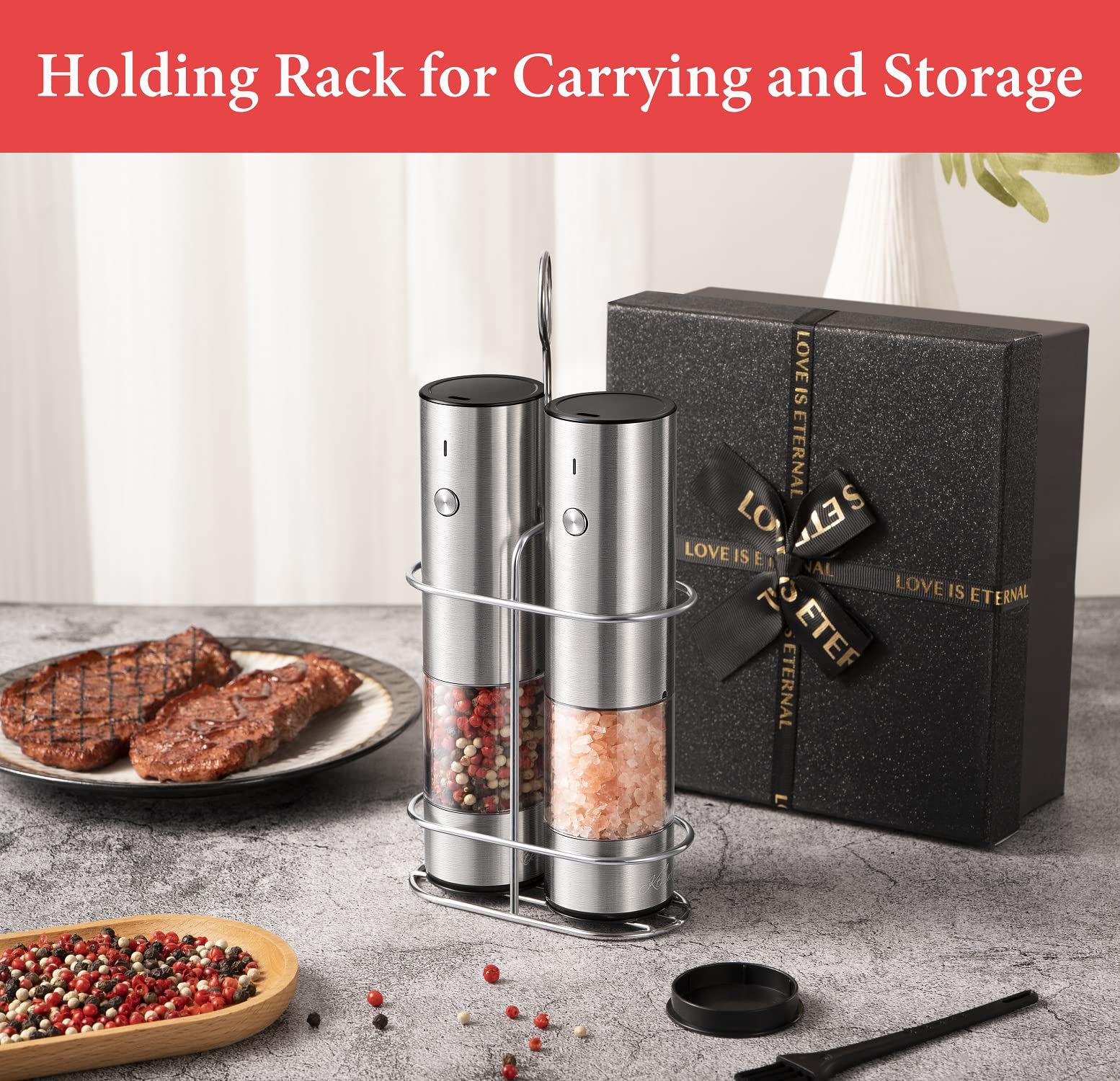 Rechargeable Electric Salt and Pepper Grinder Set with Holder - Automatic Adjustable Coarseness Mill with LED Light - Battery-Free Stainless Steel Spice Grinders - Perfect for Kitchen, Dining Table & Gift Giving
