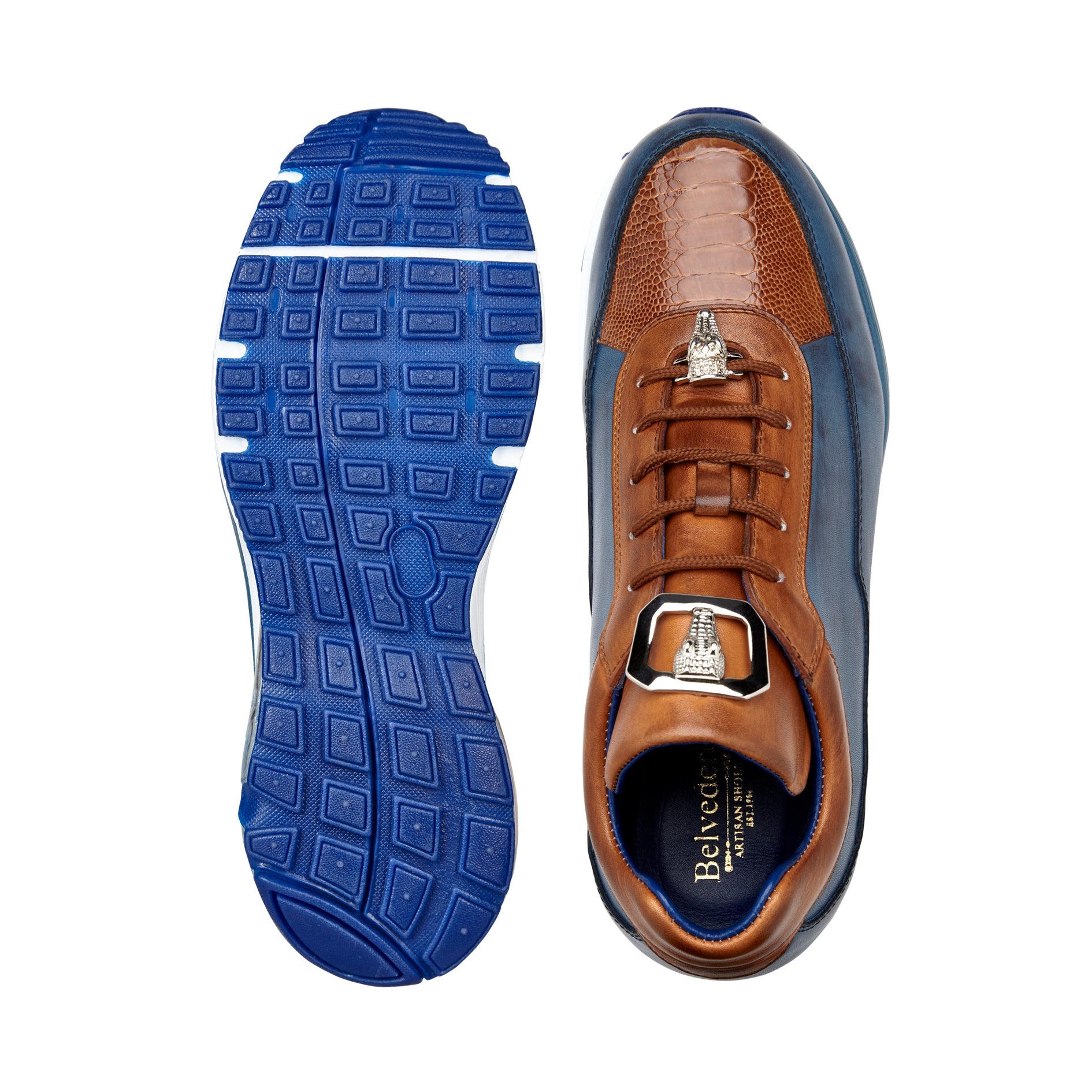 Belvedere Genuine Ostrich & Italian Calf Leather Sneakers - Antique Blue Safari/Antique Almond (E01) - Stylish Comfort for Casual Outings & Travel
