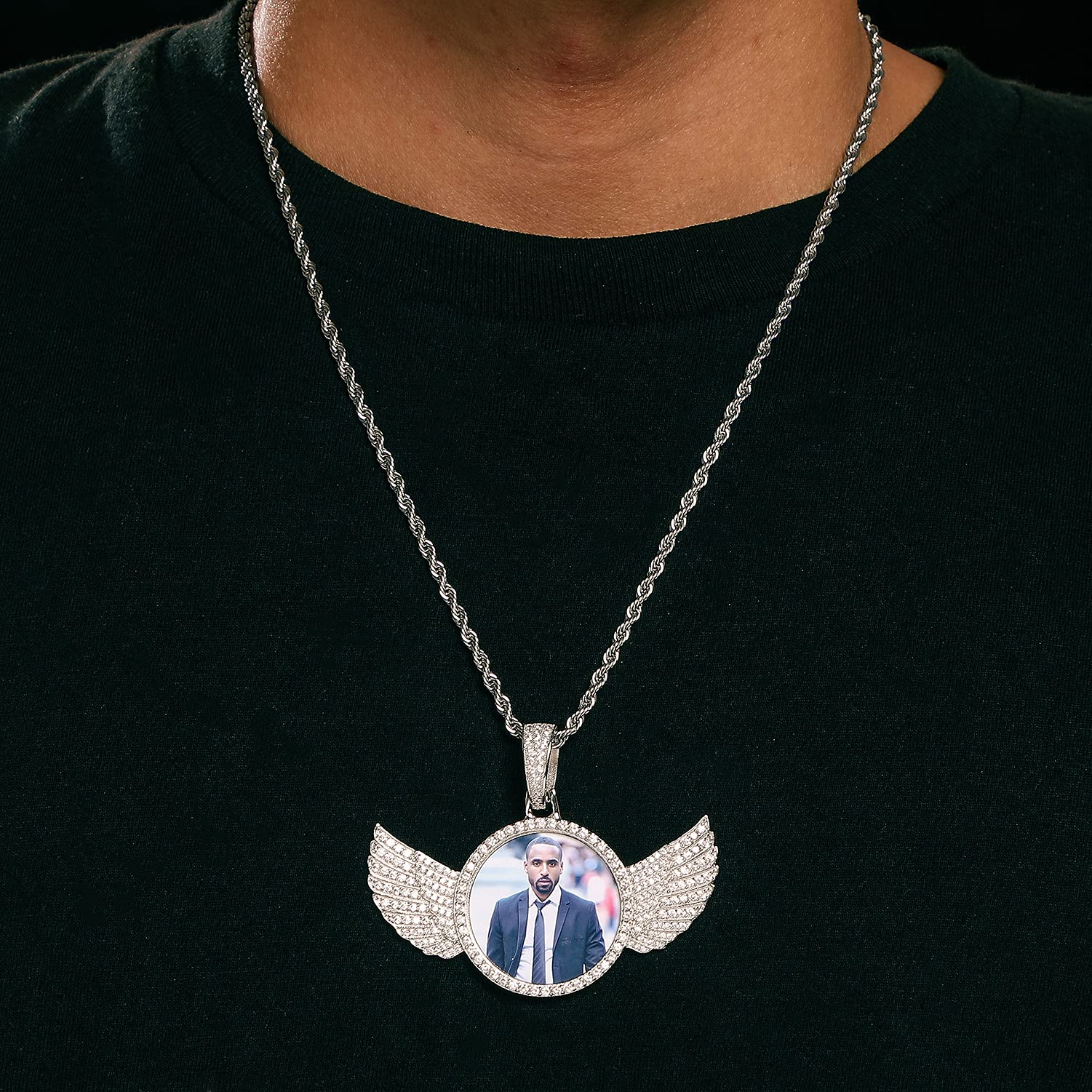 925 Sterling Silver Custom Photo Necklace with Wings - Personalized Memorial Pendant for Women & Men - Engravable Picture Jewelry with Gift Box - Perfect for Anniversaries, Birthdays & Hip Hop Fashion