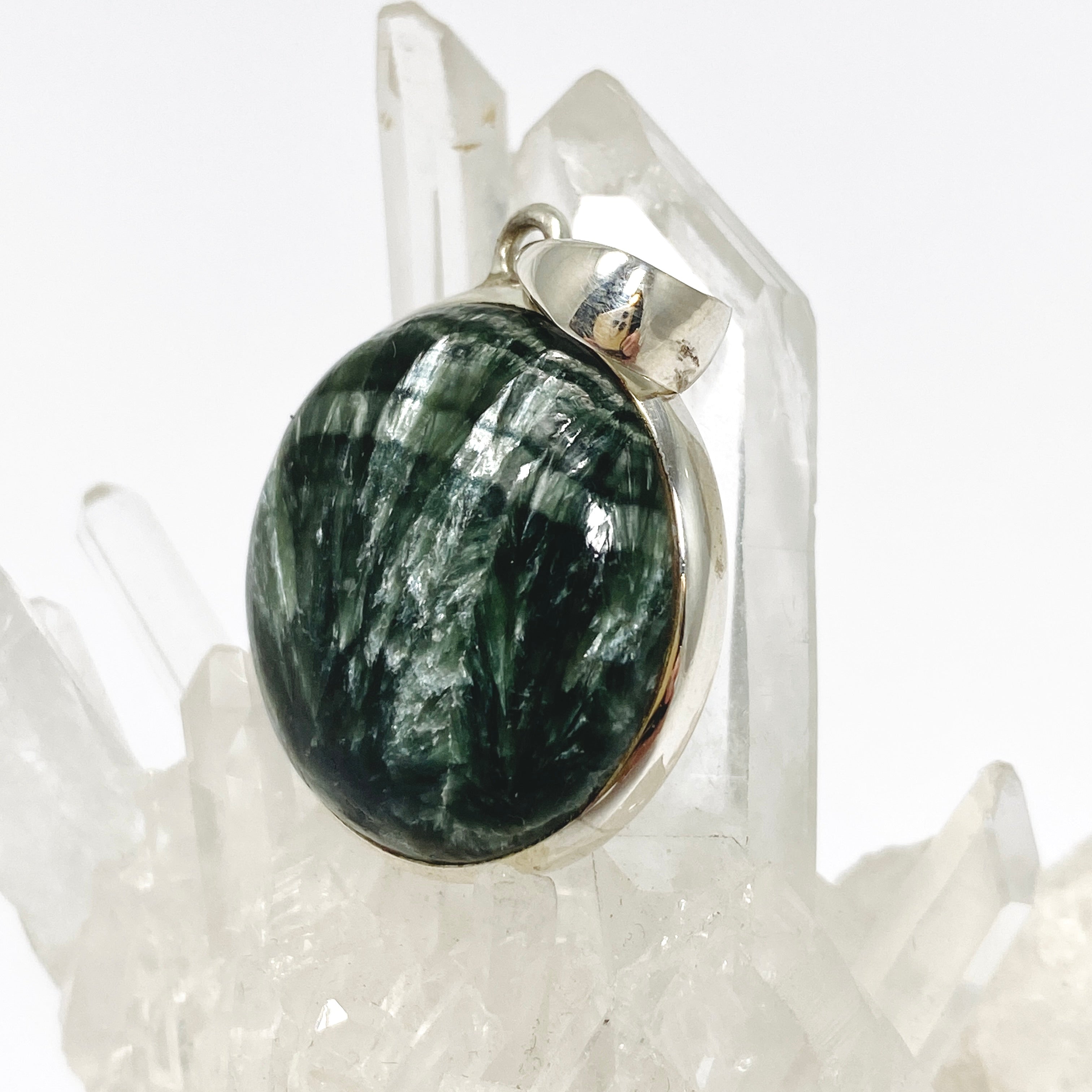 Natural Seraphinite Round Cabochon Pendant Necklace - Handmade Silver Jewelry for Women | Perfect for Meditation, Healing & Spiritual Gifts