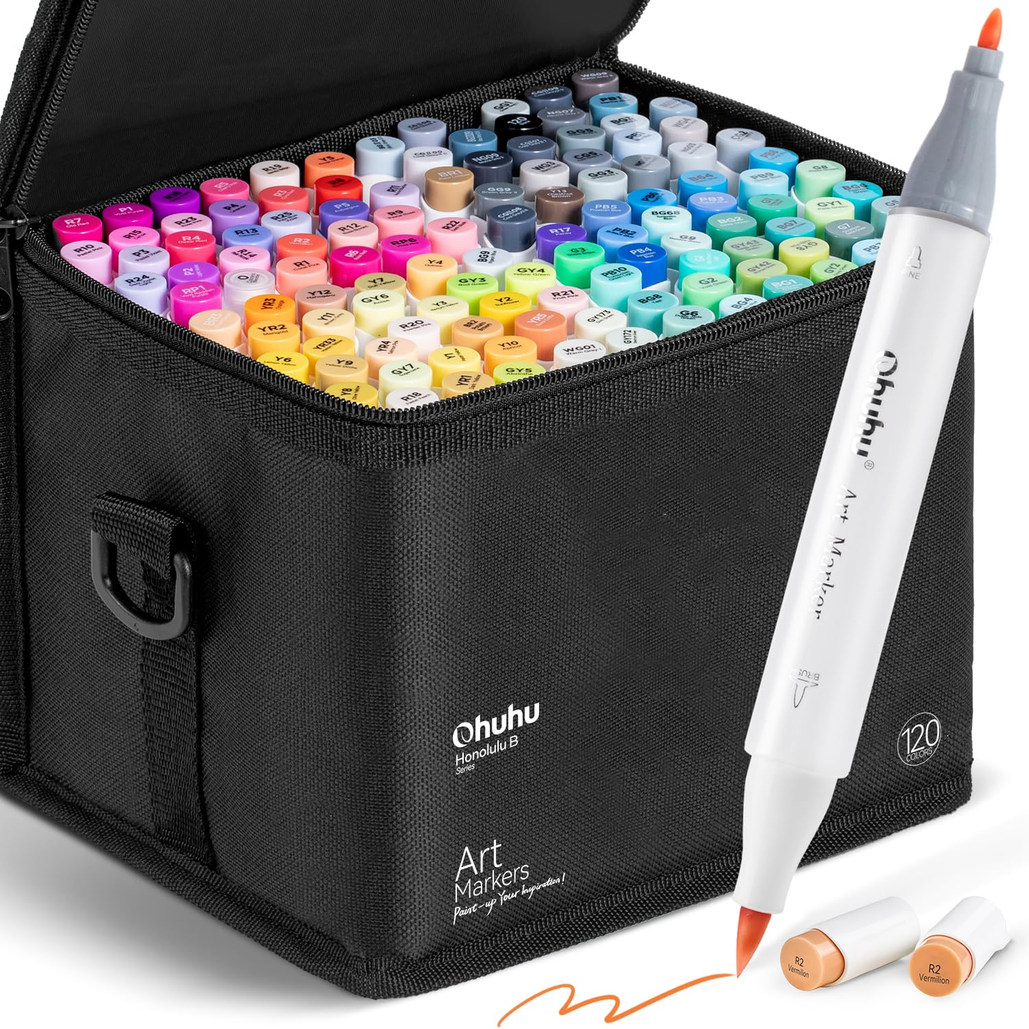 Ohuhu Alcohol Markers Brush Tip - 120 Color Dual-Tipped Art Markers Set for Artists & Adults - Brush & Fine Tip - Refillable - Perfect for Coloring Books, Illustration, Calligraphy & DIY Crafts