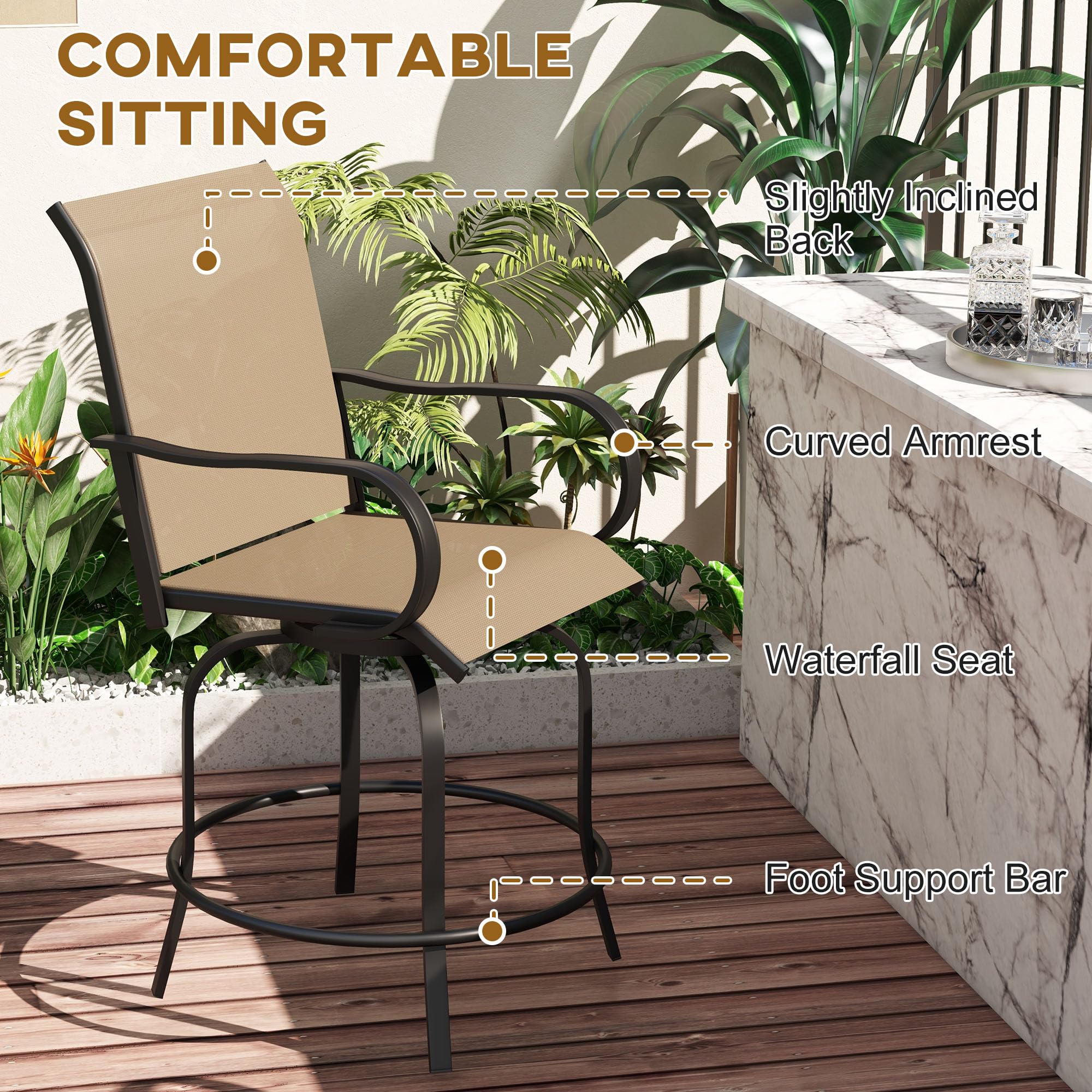 Outsunny 2-Pack Outdoor Bar Stools with Armrests - 360° Swivel Bar Height Patio Chairs, High-Density Mesh Fabric & Steel Frame - Perfect for Balcony, Poolside, Backyard, Tanning, and Outdoor Dining