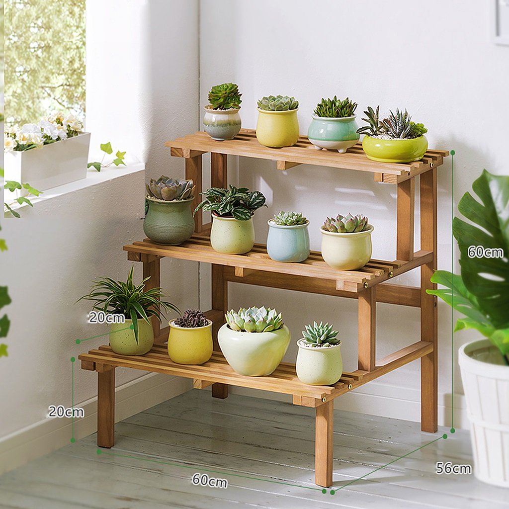Step Style 3-Tier Pine Wood Plant Stand - Indoor & Outdoor Garden Shelving for Flower Pots, Planters & Potted Plants - Natural Wood Display Shelf for Home, Patio, Balcony & Office Decor
