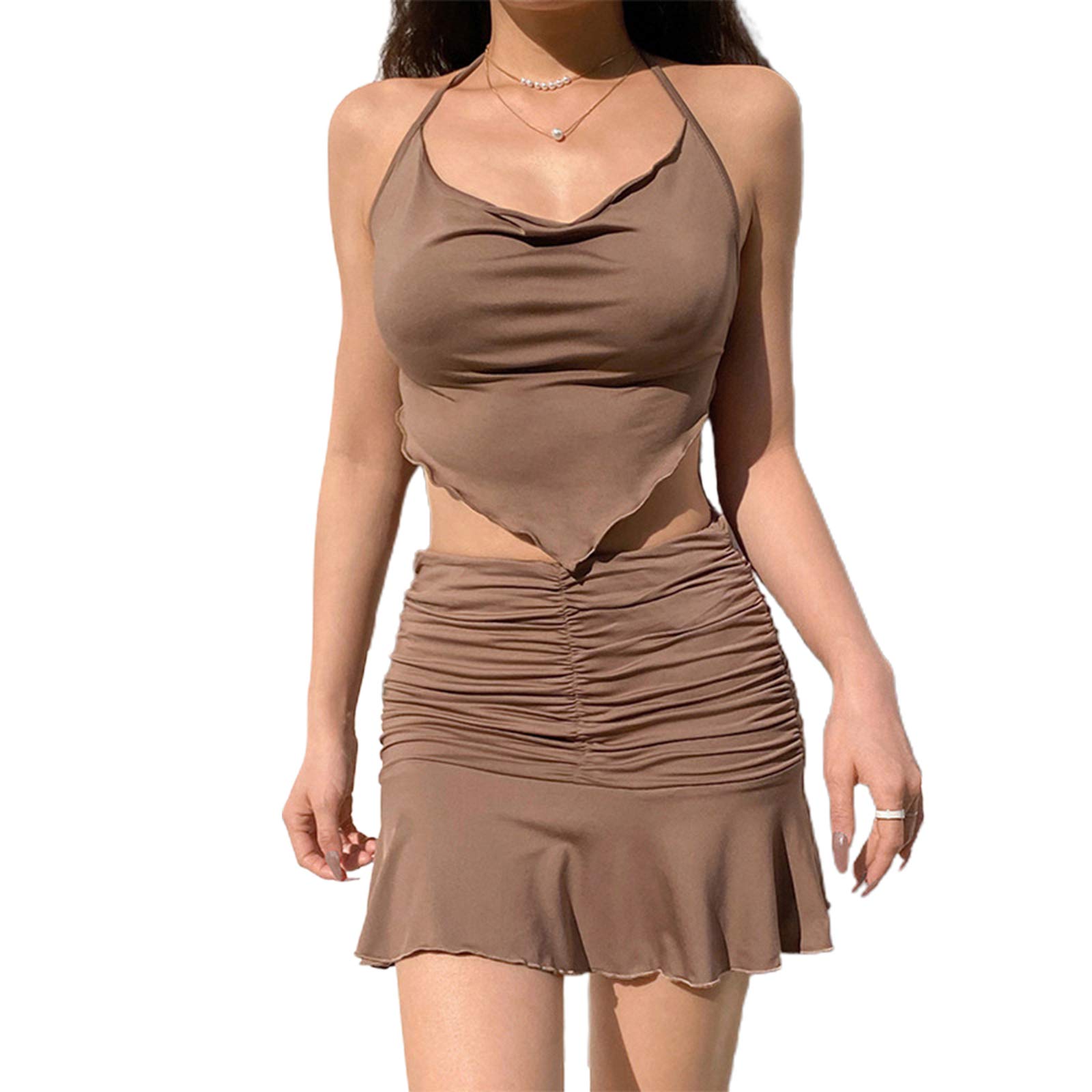 Y2K Halter Neck 2 Piece Outfit Set for Women - Sleeveless Crop Cami Top & Ruched Mini Skirt | Summer Vacation Clothes, Beachwear, Party Outfit, Casual Street Style Fashion