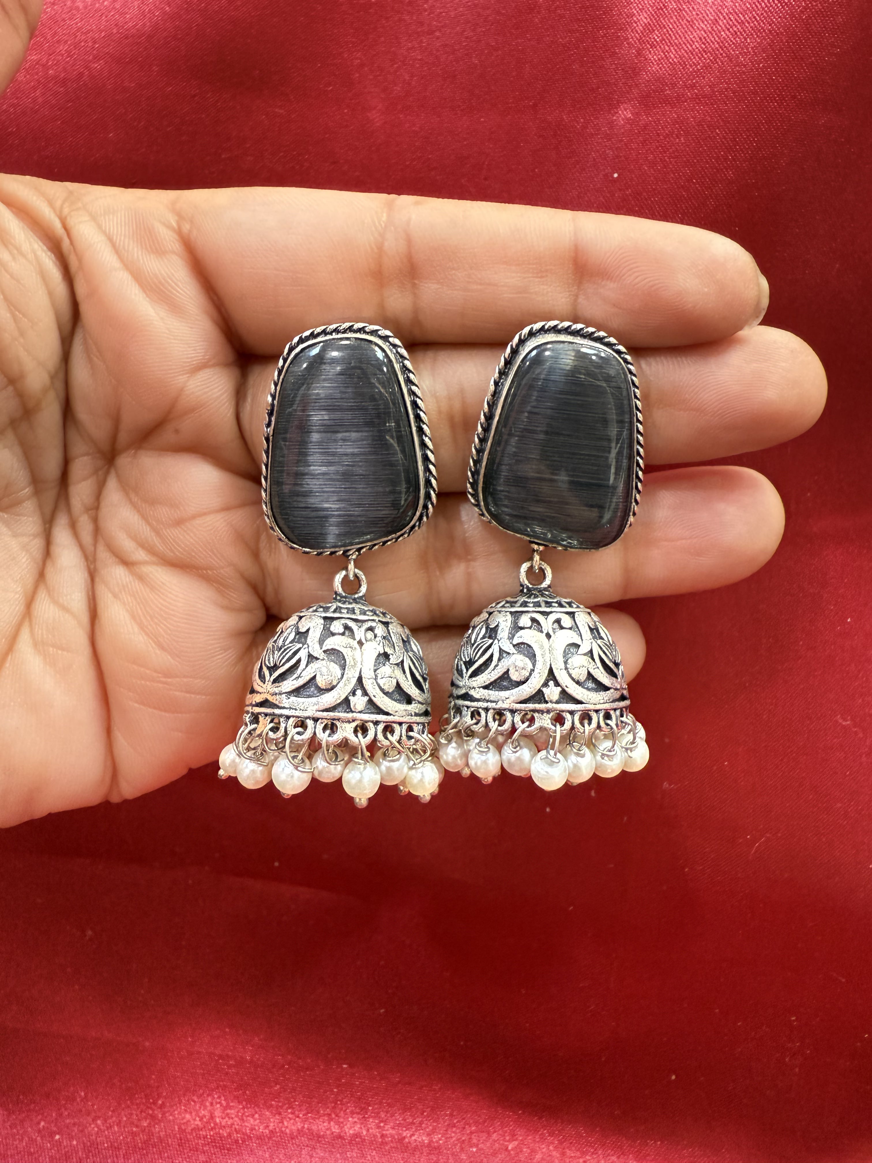 Elegant Oxidized Dark Gray Stone Jhumka Earrings with White Bead Danglers - Perfect for Indian Weddings, Festivals & Boho Fashion