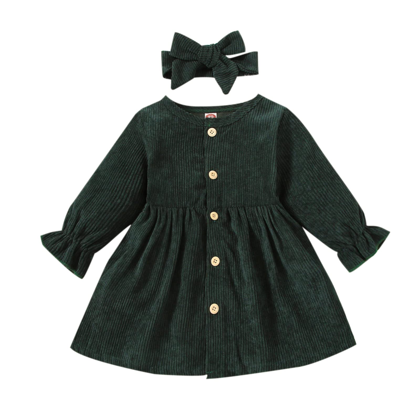 Toddler Baby Girl Corduroy Overalls Dress with Ruffles - Long Sleeve Button Down Knee-Length Velvet Dress for Winter | Perfect for Holiday Photos, Christmas Outfits & Special Occasions