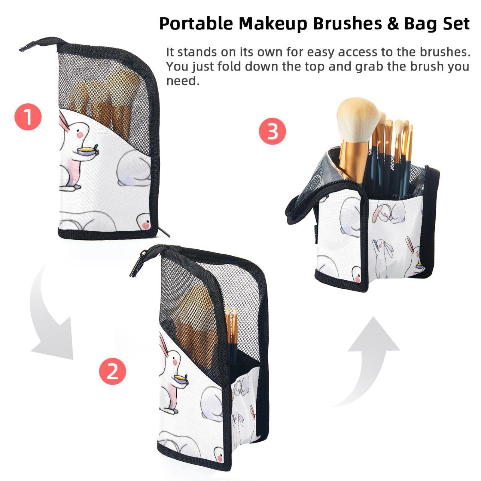 Portable Makeup Brush Organizer Bag with 12 Slots - Cute Watercolor Rabbit Design Travel Cosmetic Brush Holder Case - Perfect for Home Storage & Travel Makeup Kits