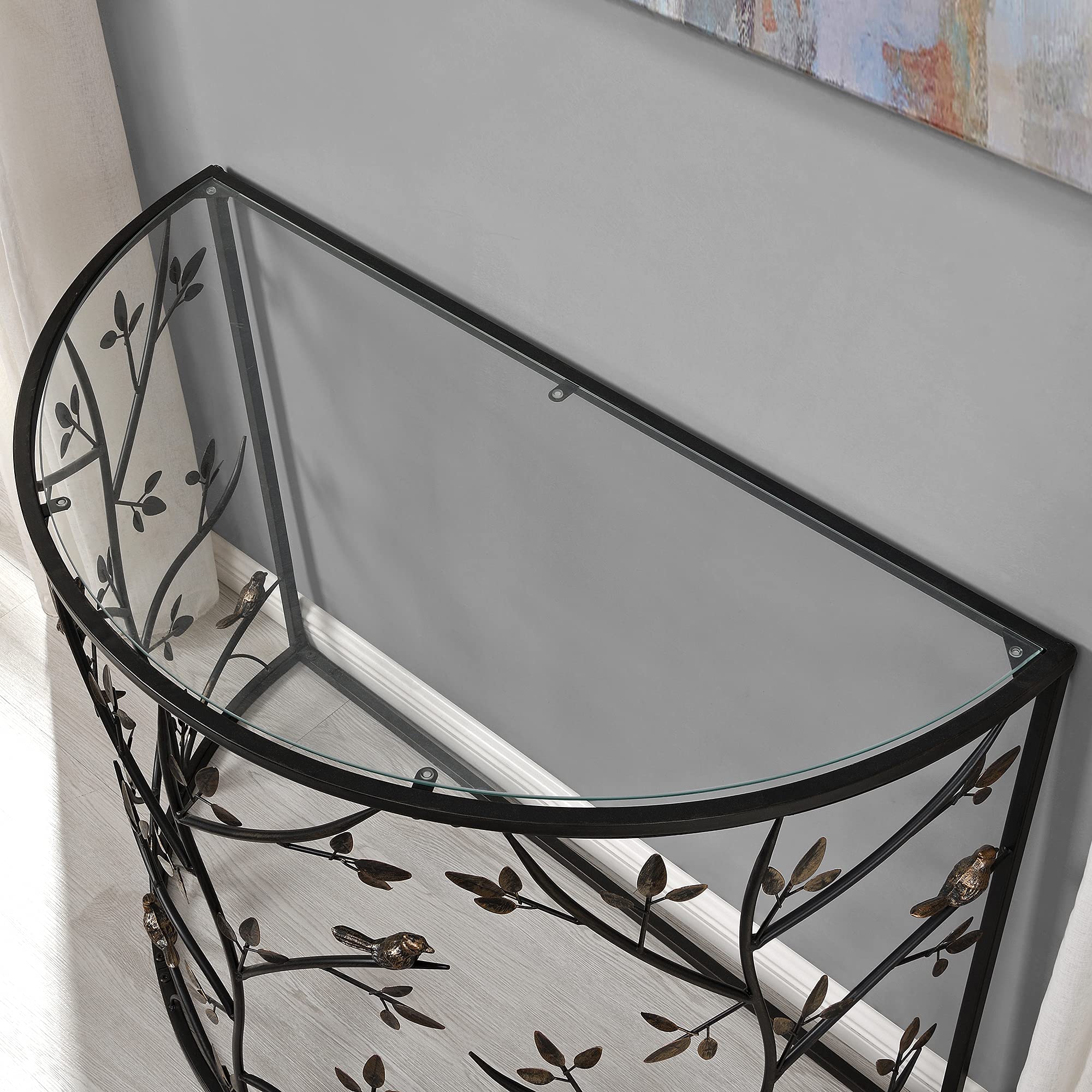 FirsTime & Co. Bronze Wren and Branches Console Table - Narrow Sofa Table for Living Room, Entryway, Hallway - Metal and Glass Farmhouse Style - 40 x 19.25 x 29 Inches - Perfect for Home Decor, Foyer Display, and Small Space Furniture Arrangement