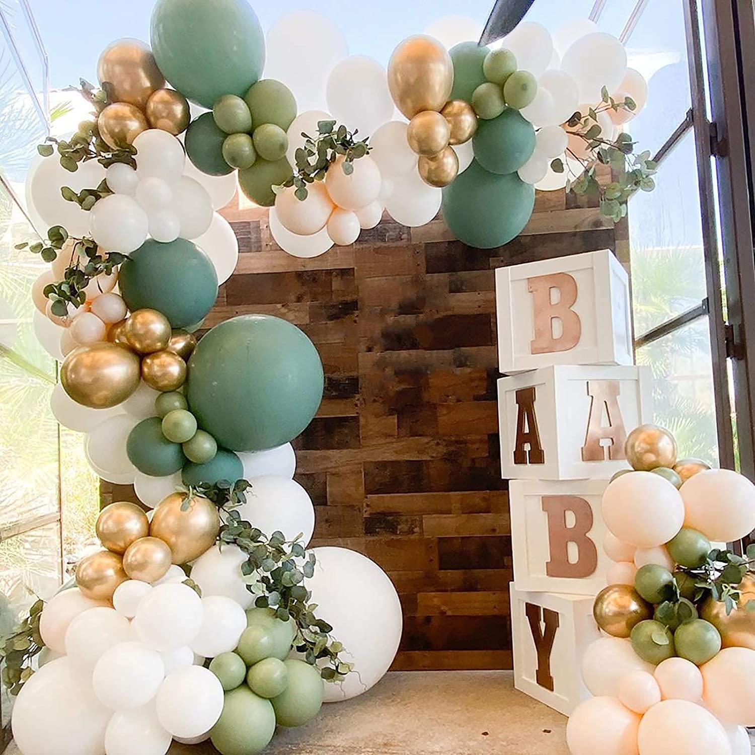 152-Piece Sage Green Balloon Garland Kit with White, Peach, Gold & Retro Olive Green Balloons - Wedding, Baby Shower, Bridal Shower & Birthday Party Decorations - Perfect for Indoor and Outdoor Celebrations