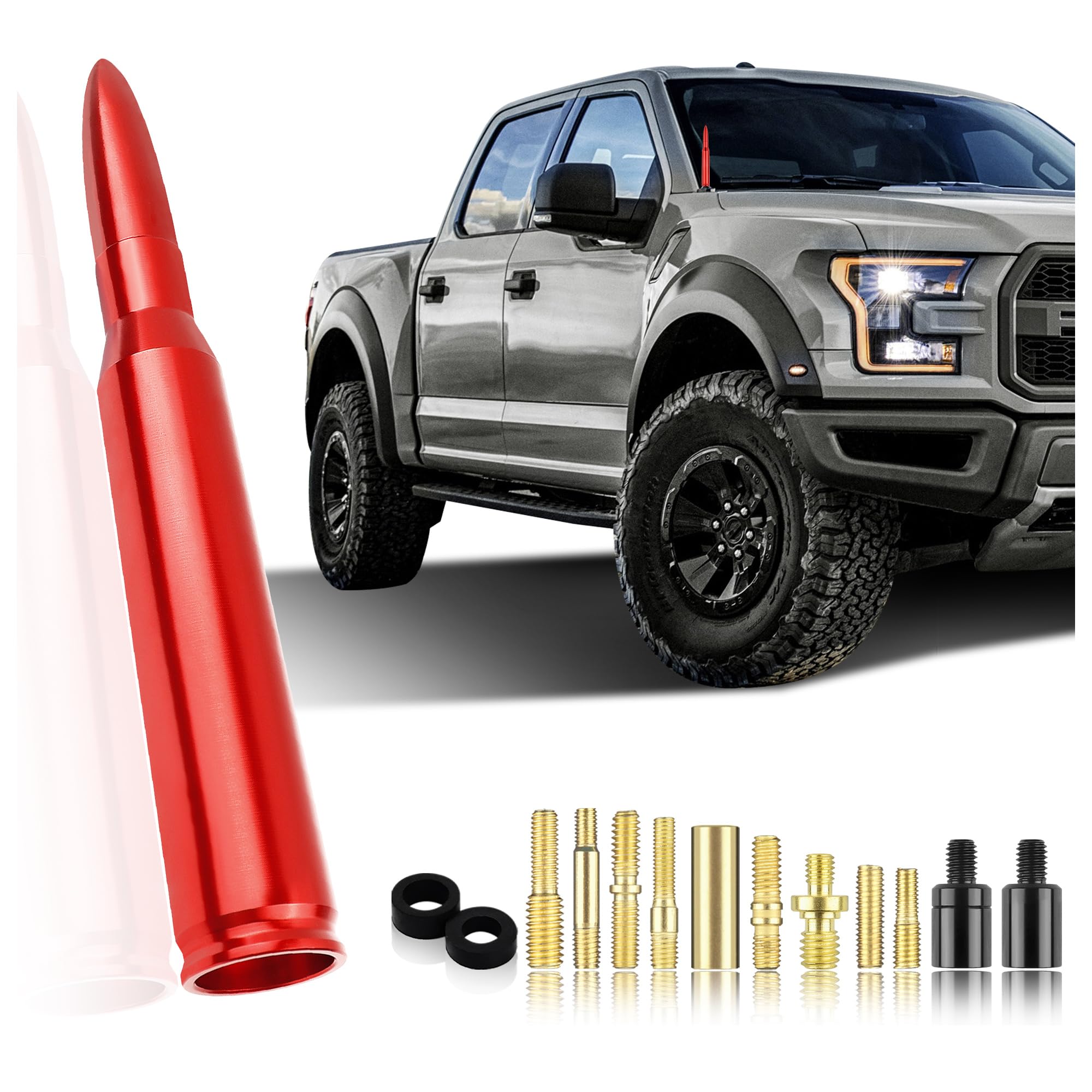 High-Performance Car Bullet Antenna - Universal Truck & Pickup Radio Antenna Replacement for Ford F150, RAM 1500 & GMC Heavy Duty | Durable Exterior Car Accessory (Red) | Perfect for Off-Roading, Daily Commuting & Enhanced FM/AM Reception