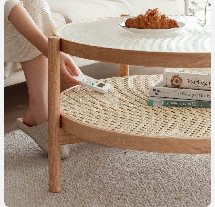 Stylish Oak Solid Wood Coffee Table with Glass Top and Rattan Accents - Perfect for Living Room, Lounge, and Home Decor