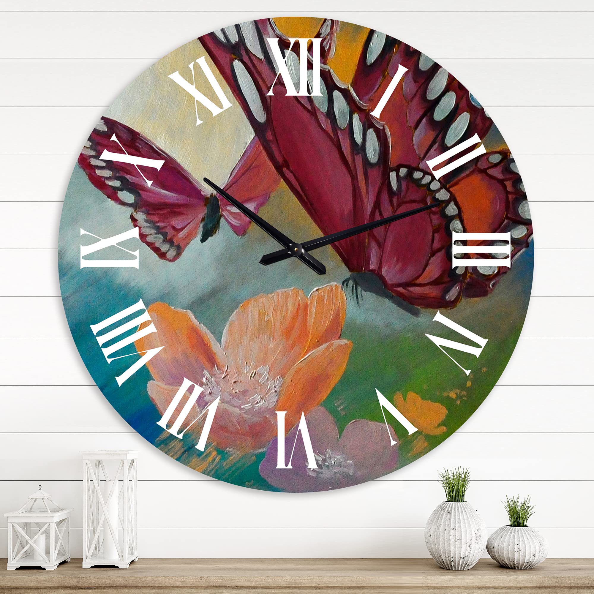 DesignQ Traditional Wall Clock 'Butterfly On Pink Flowers' - Large Landscape Nature Wall Clock for Living Room, Bedroom & Office Decor - Perfect for Home, Office & Gift Giving