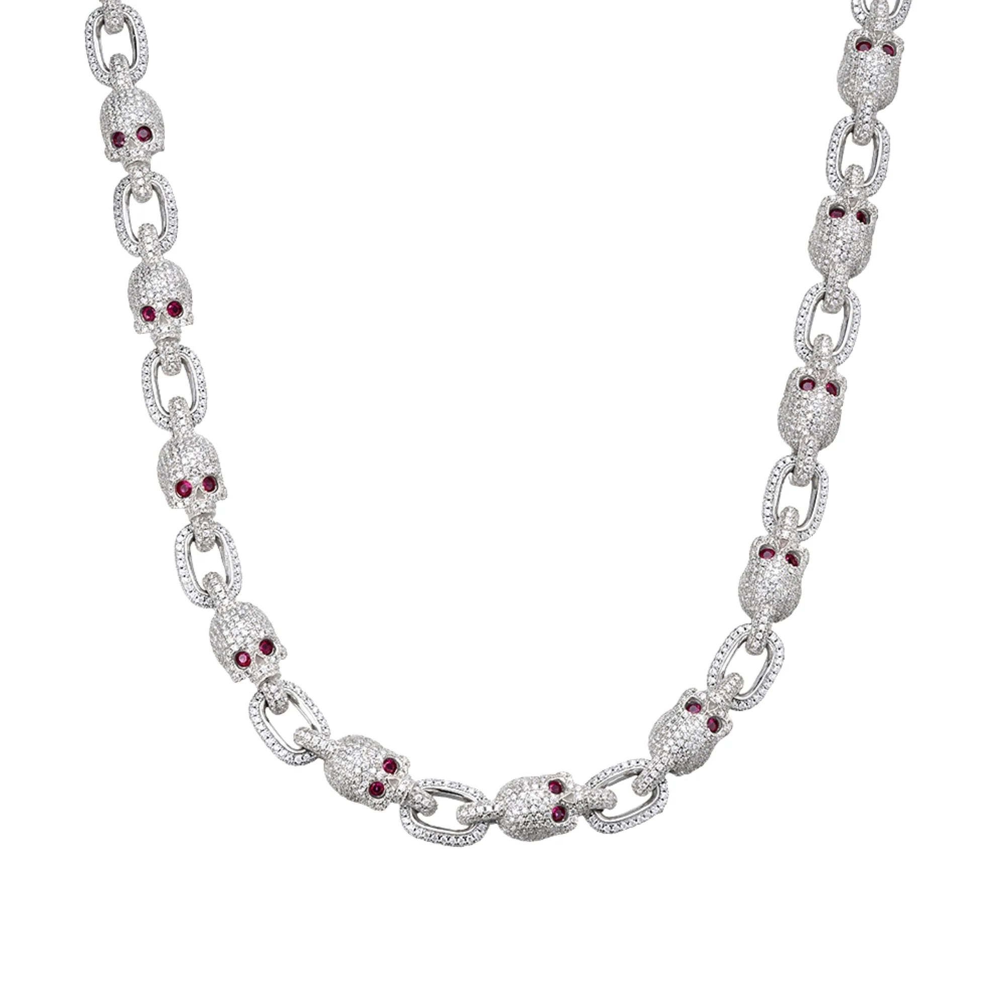 Moissanite Skull Link Necklace with Red Eyes - Gothic Punk Jewelry for Women & Men - Perfect for Halloween, Cosplay, and Alternative Fashion